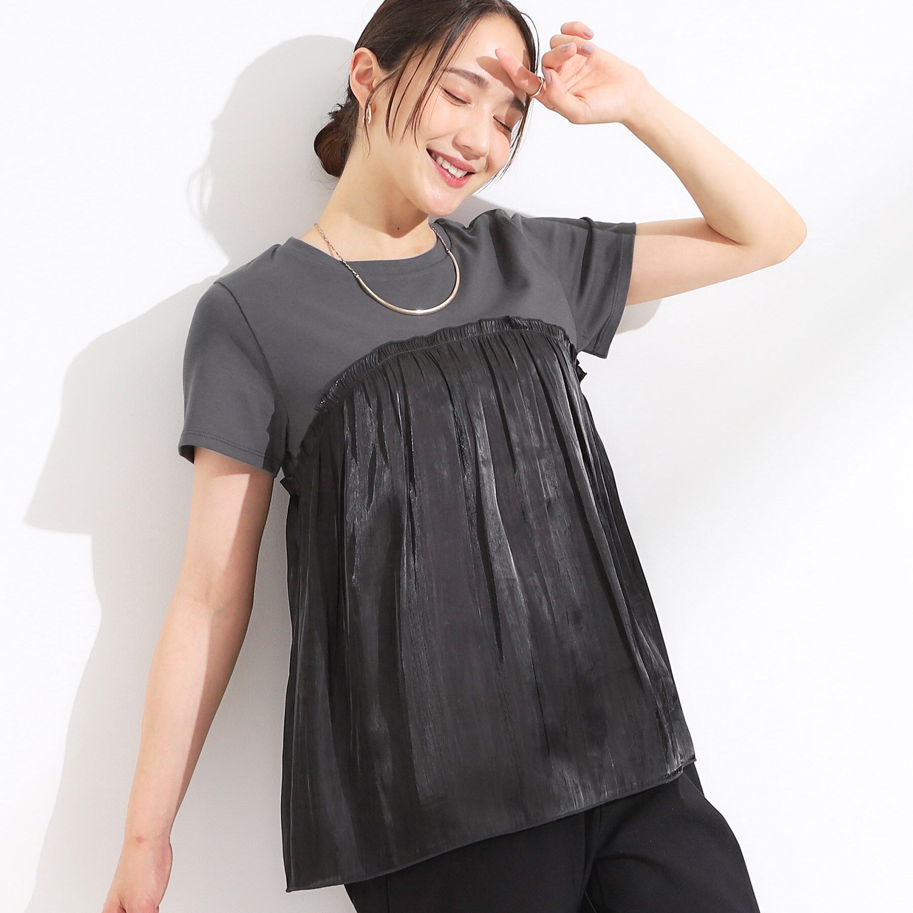 SHOO･LA･RUE「【S-LL/ひんやり】インせず決まる ビスチェ風ドッキングトップス」|Tシャツ・カットソー|ブラック(519)