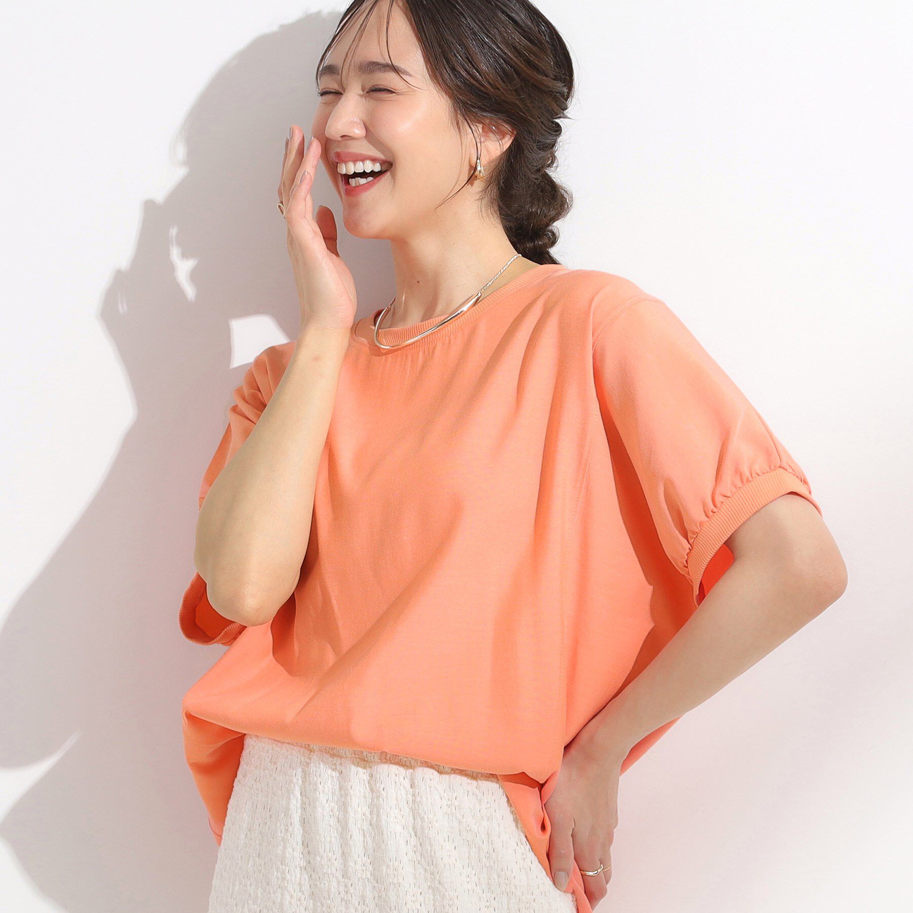 SHOO･LA･RUE「【ひんやり/洗濯後しわになりにくい】リブ切り替えドルマンブラウス」|シャツ・ブラウス|オレンジ(066)