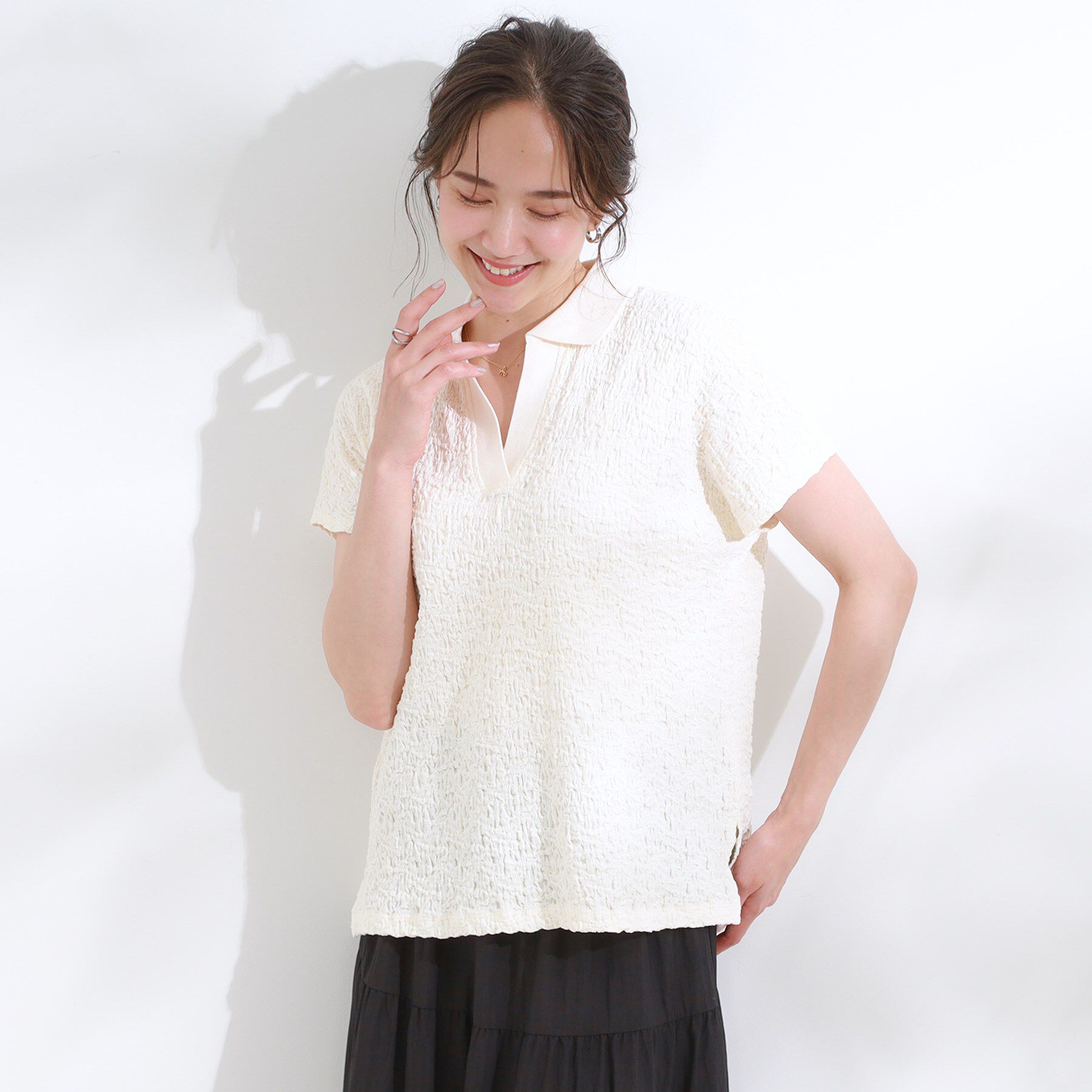 SHOO･LA･RUE「【S-LL】一枚で着映え フレンチスリーブ ポロスキッパートップス」|Tシャツ・カットソー|