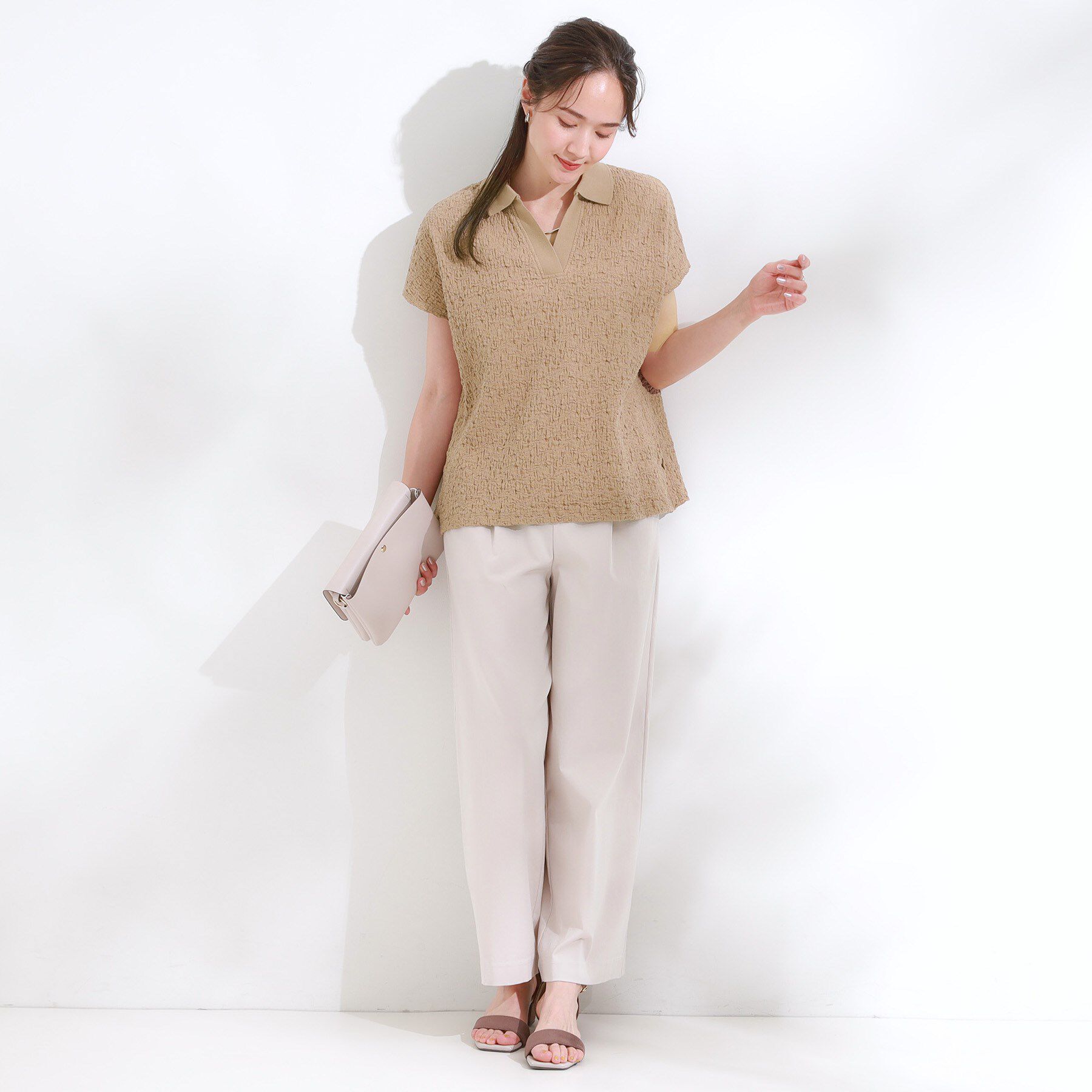 SHOO･LA･RUE「【S-LL】一枚で着映え フレンチスリーブ ポロスキッパートップス」|Tシャツ・カットソー|