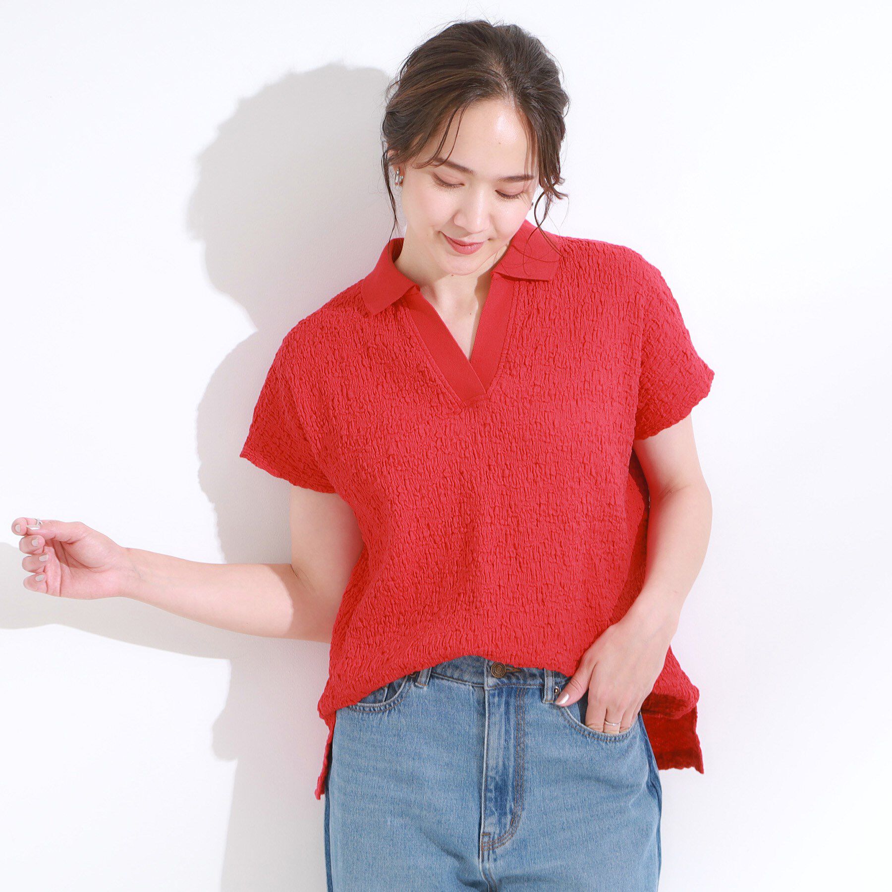 SHOO･LA･RUE「【S-LL】一枚で着映え フレンチスリーブ ポロスキッパートップス」|Tシャツ・カットソー|