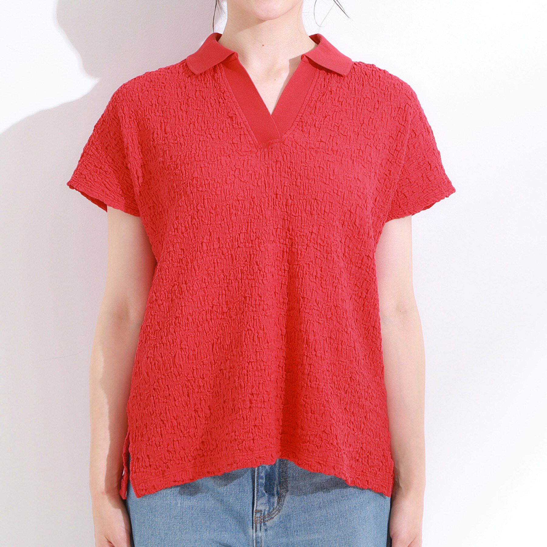 SHOO･LA･RUE「【S-LL】一枚で着映え フレンチスリーブ ポロスキッパートップス」|Tシャツ・カットソー|