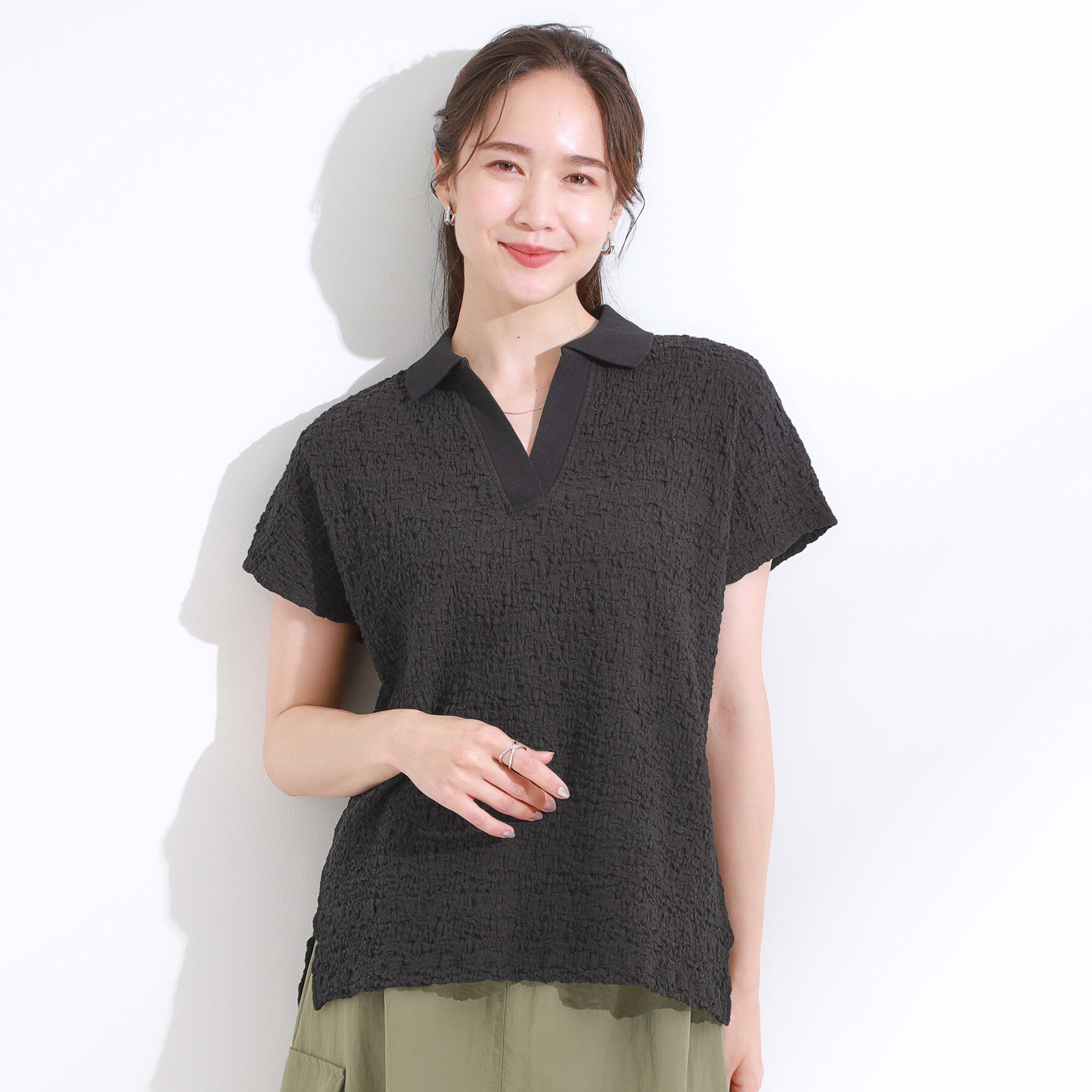 SHOO･LA･RUE「【S-LL】一枚で着映え フレンチスリーブ ポロスキッパートップス」|Tシャツ・カットソー|