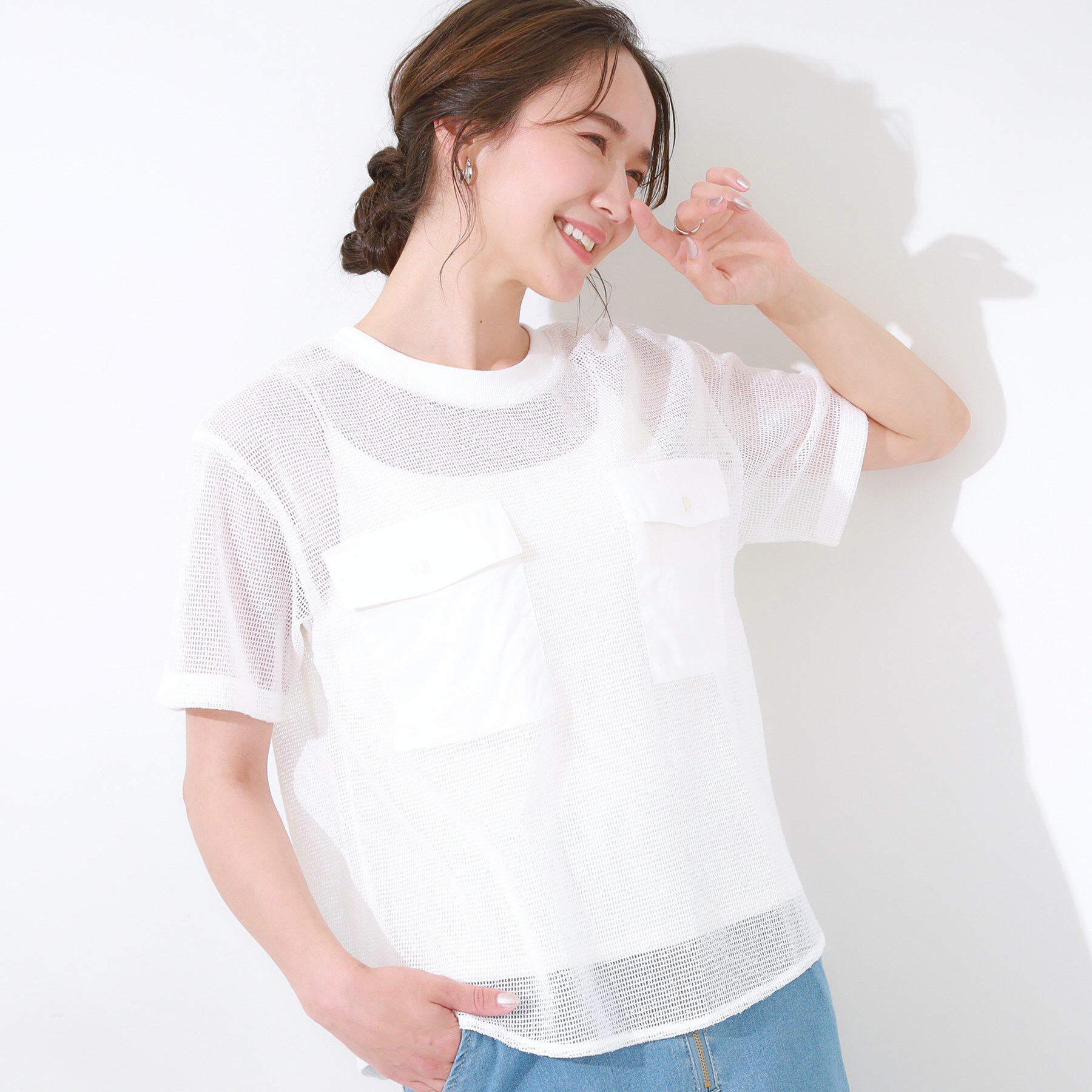 SHOO･LA･RUE「【S-LL】メッシュ素材で大人ヘルシー ポケット付きデザイントップス」|Tシャツ・カットソー|オフホワイト(003