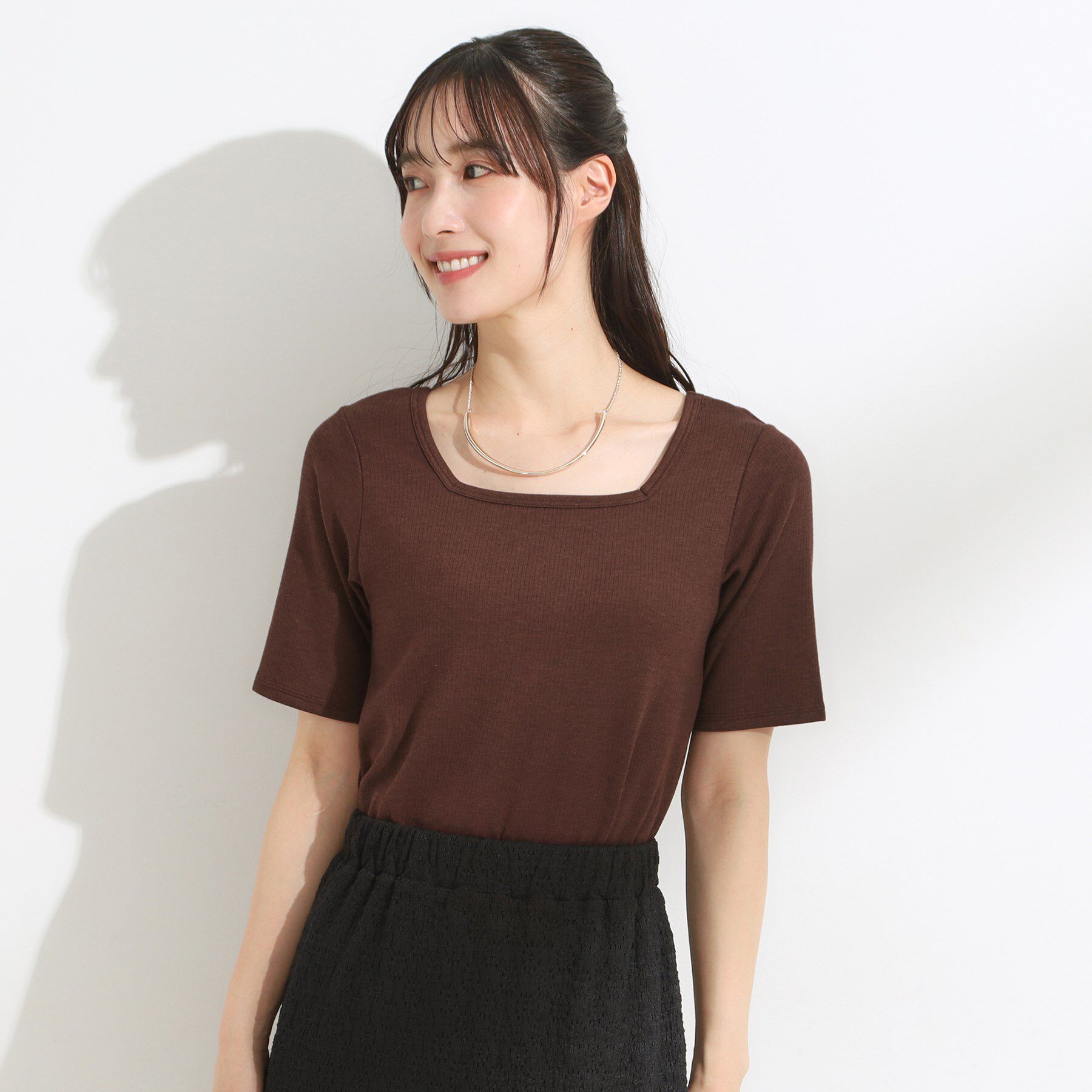 SHOO･LA･RUE「【S-LL/ひんやり/前後2WAY】シンプルだから使いやすい テレコTシャツ」|Tシャツ・カットソー|