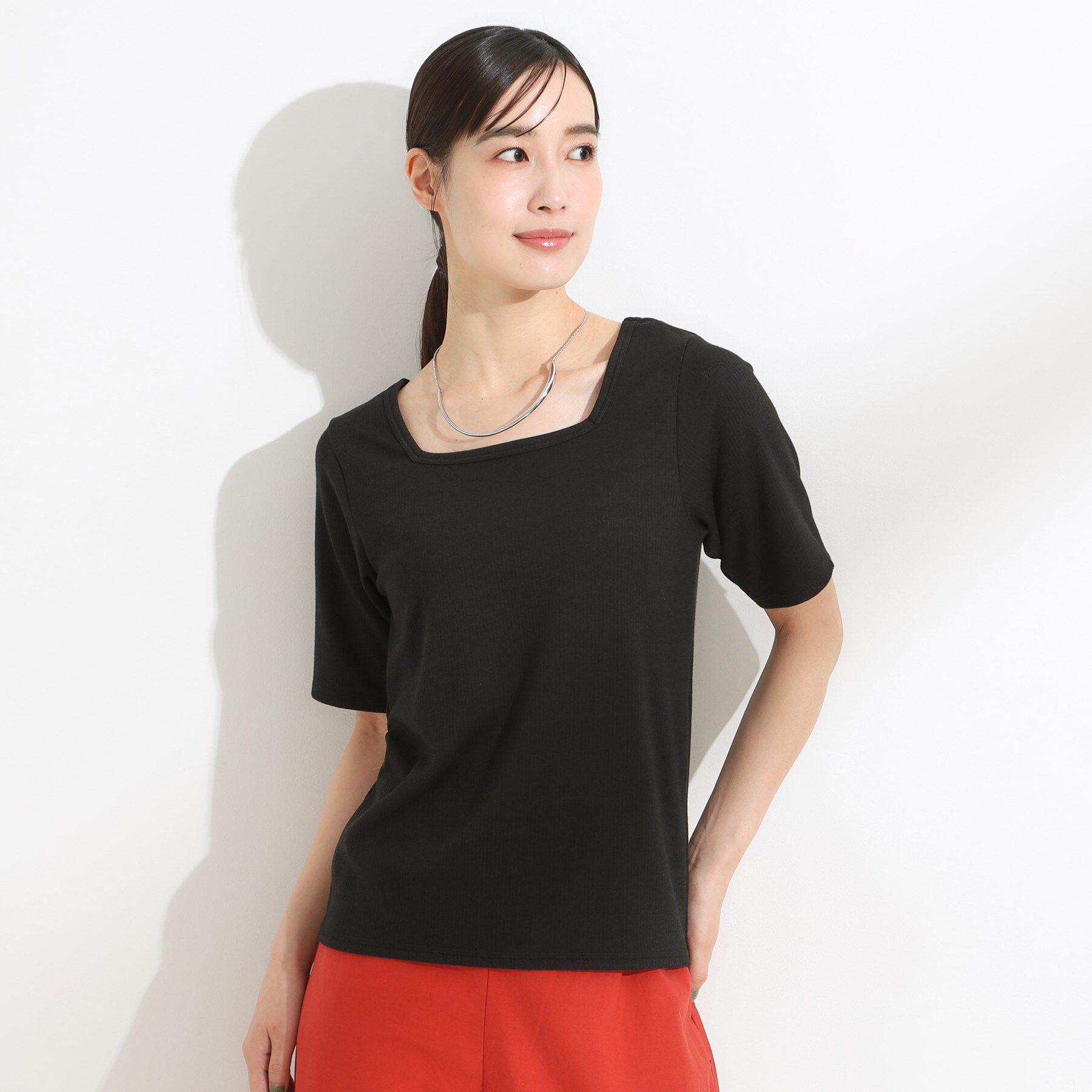 SHOO･LA･RUE「【S-LL/ひんやり/前後2WAY】シンプルだから使いやすい テレコTシャツ」|Tシャツ・カットソー|