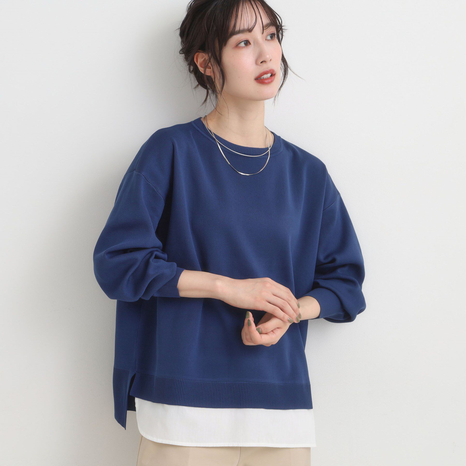 SHOO･LA･RUE「【S-LL/洗える】一枚で簡単こなれ見え スポンディッシュ 裾レイヤード風ニット【CIRCRIC】」|ニット・セーター|ブルー(093)