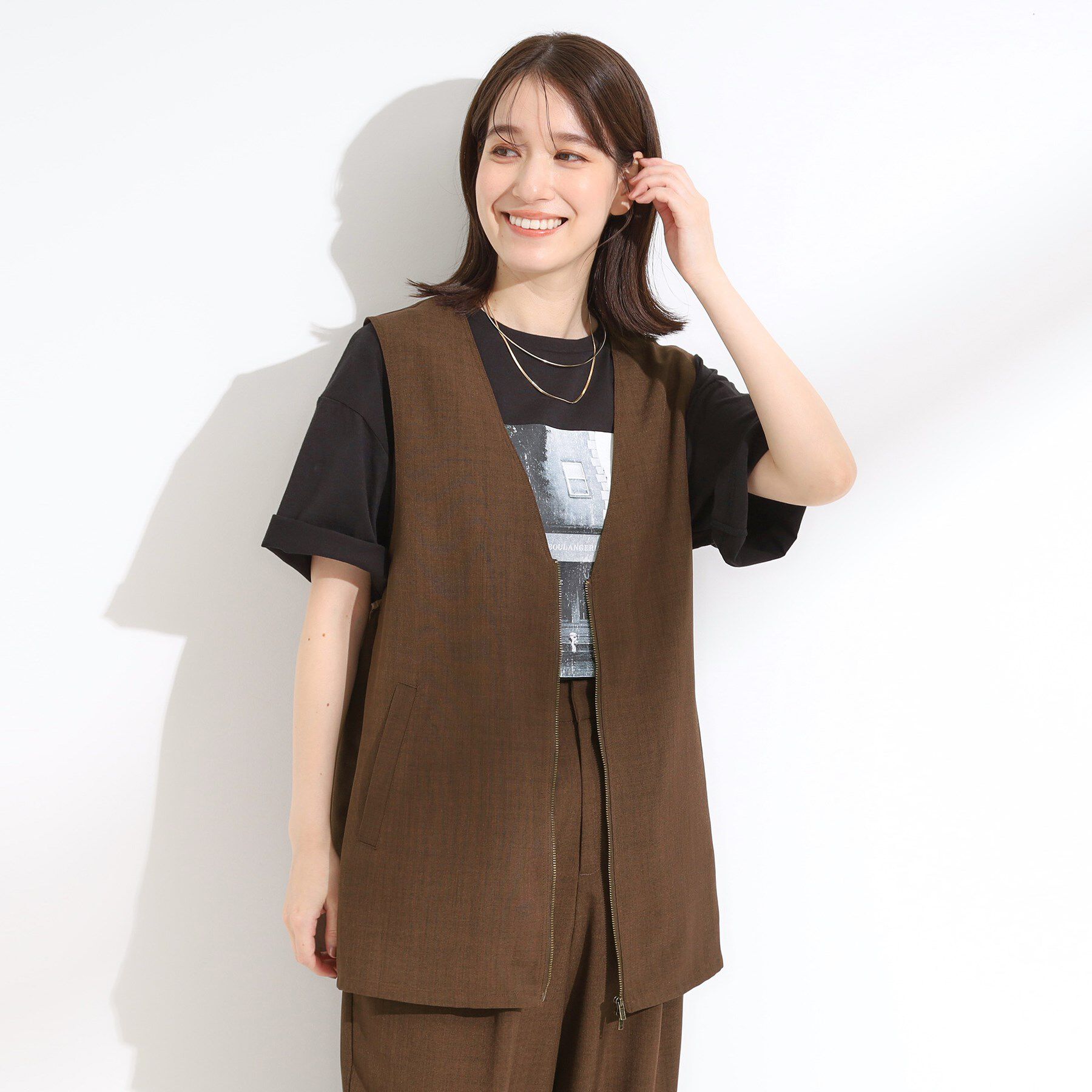 SHOO･LA･RUE「【セットアップ可】さらりと軽やかに ダブルジップ麻調ジレ」|ベスト・ジレ|