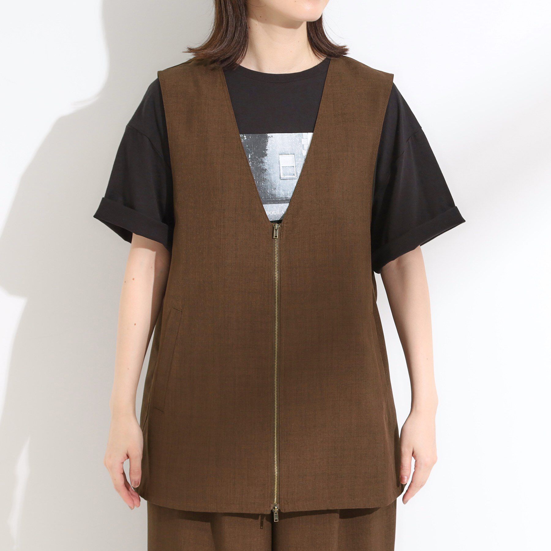 SHOO･LA･RUE「【セットアップ可】さらりと軽やかに ダブルジップ麻調ジレ」|ベスト・ジレ|