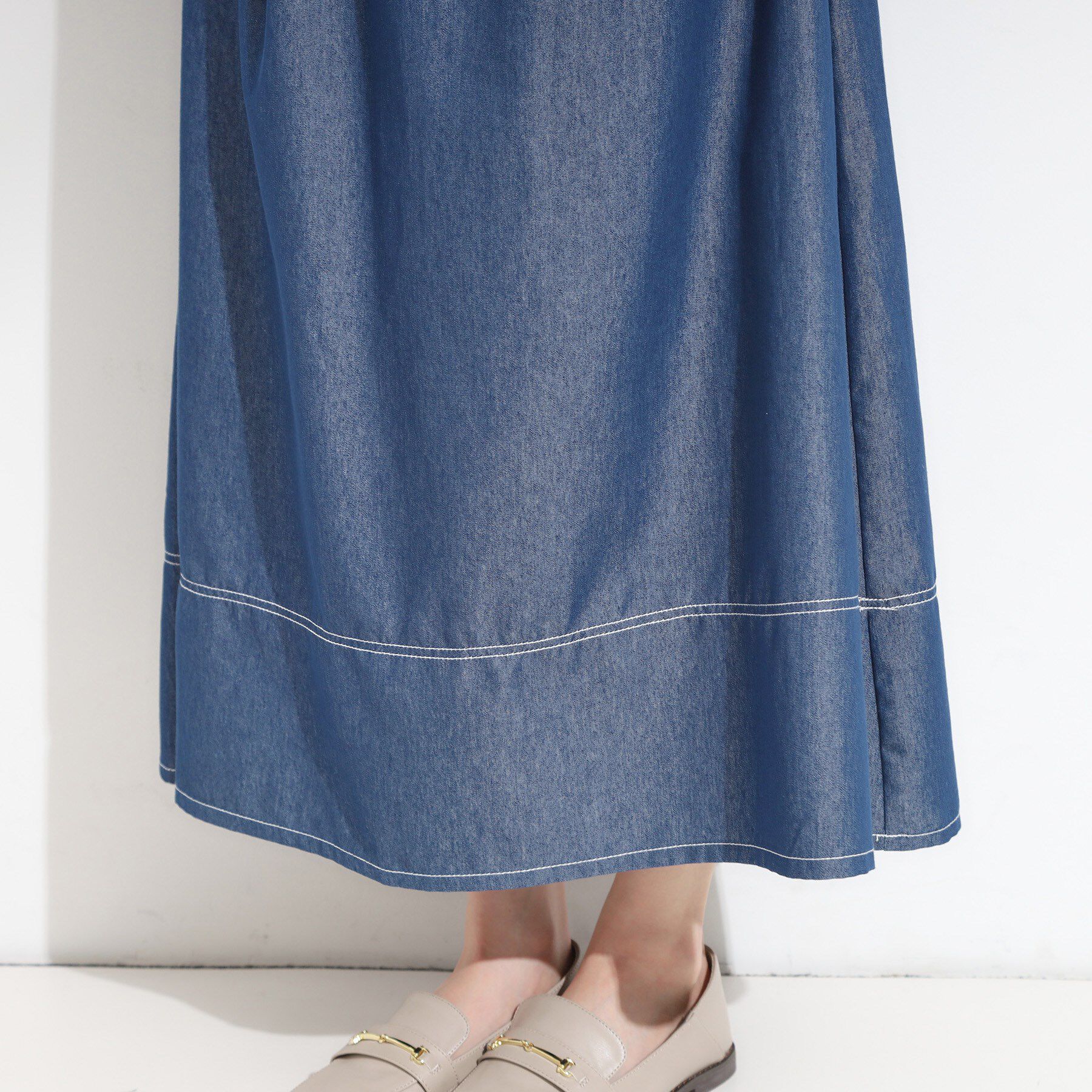 SHOO･LA･RUE「【S-LL】配色ステッチがアクセント デニムフレアスカート」|スカート|