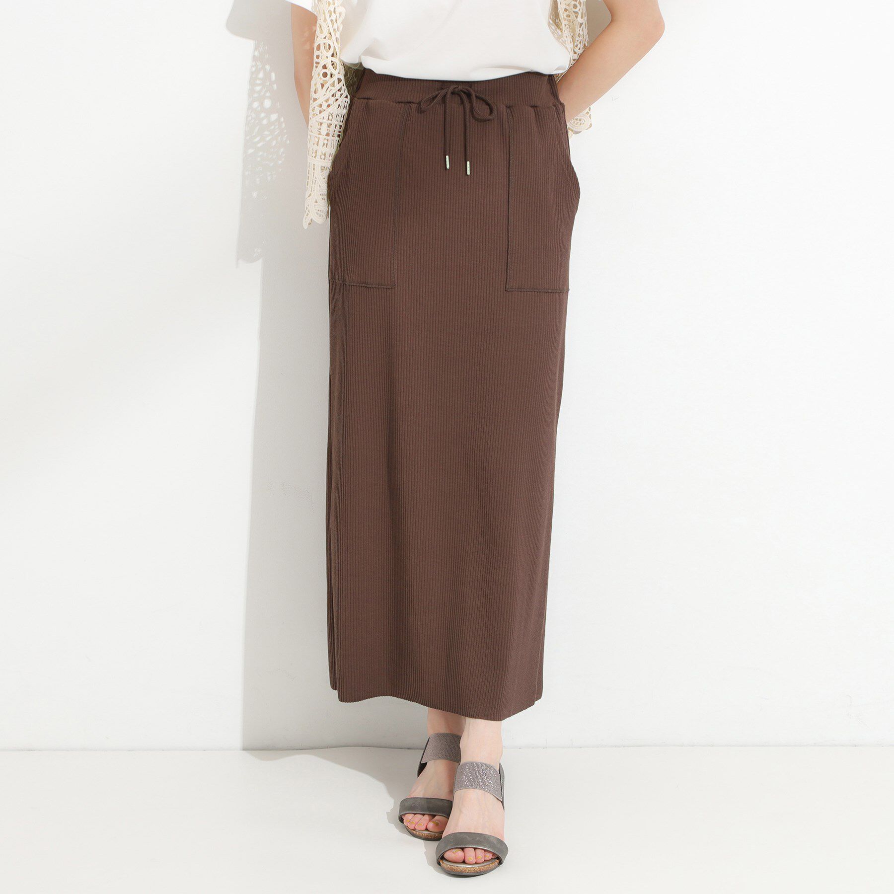 SHOO･LA･RUE「【セルフカット可/吸水速乾/抗菌防臭】着回ししやすい カットリブナロースカート」|スカート|ブラウン(043)