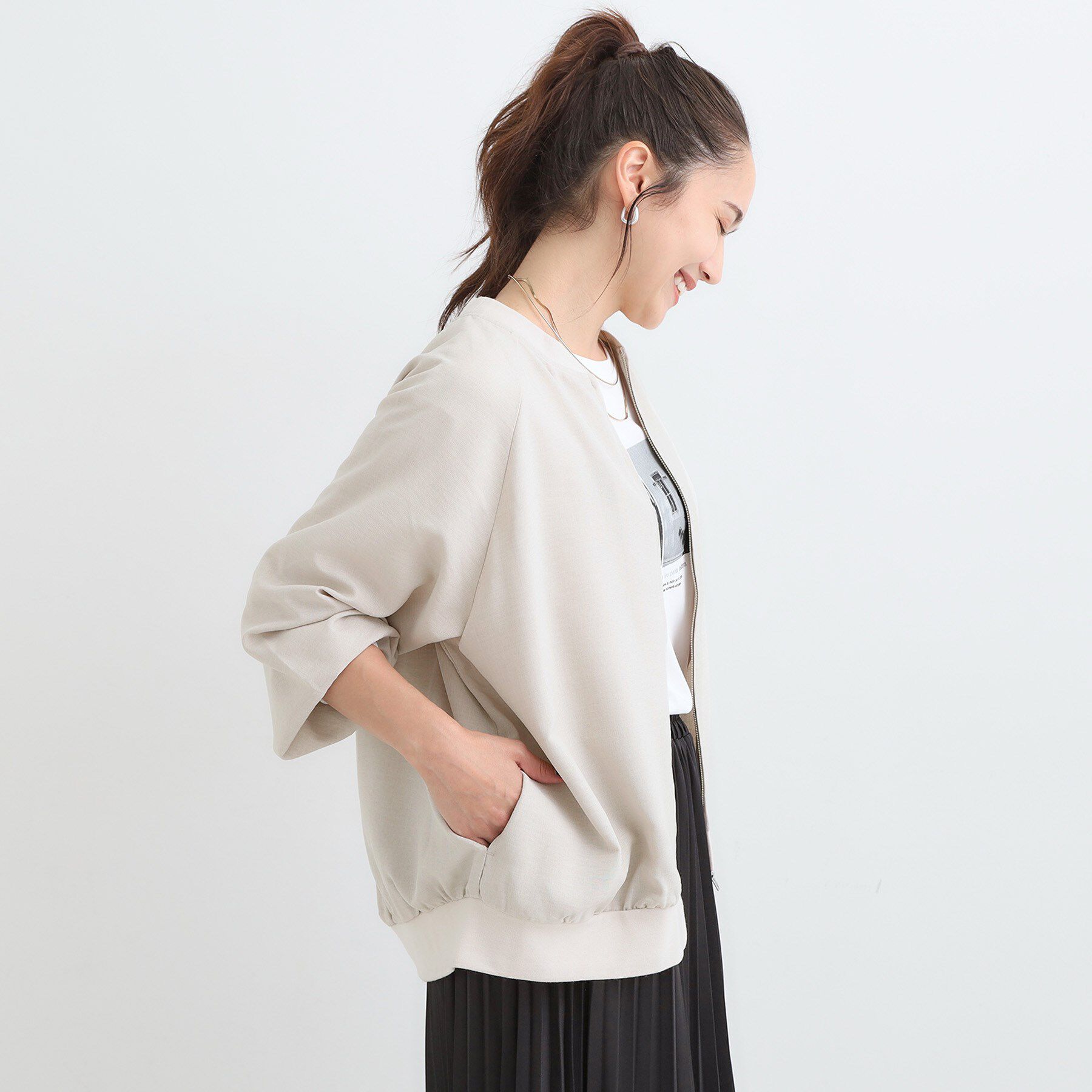 SHOO･LA･RUE「【洗濯機可/S-LL】さっと羽織れる 軽量リブブルゾン」|ブルゾン・スタジャン|