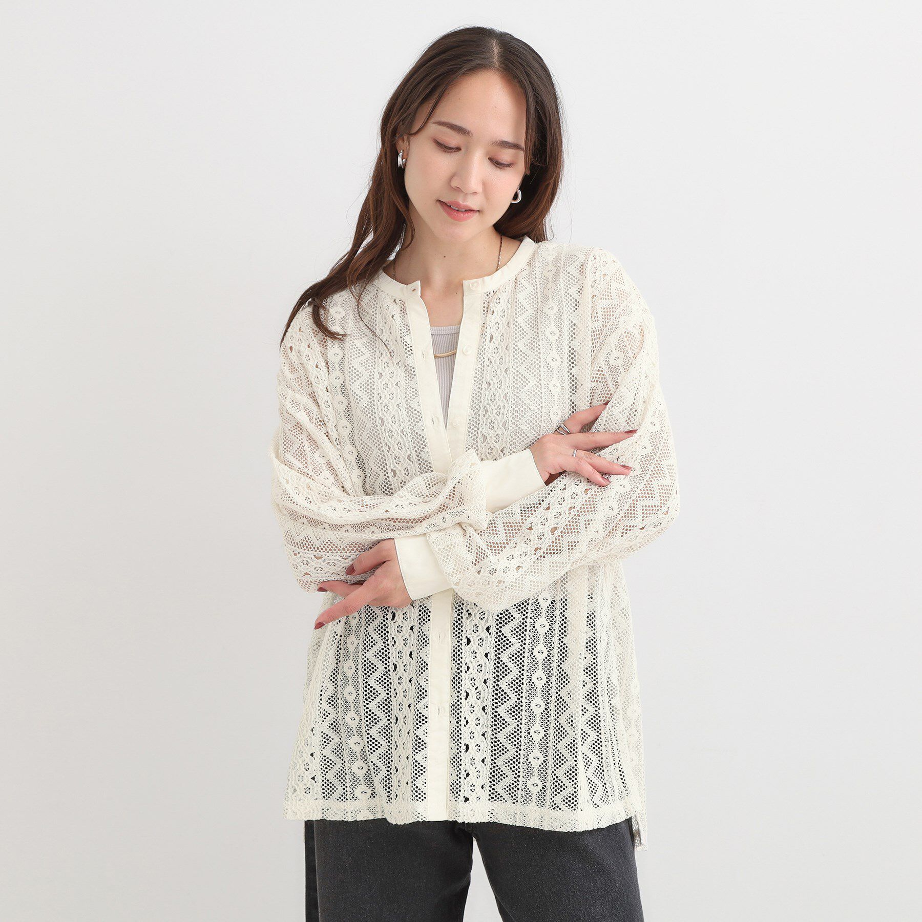 SHOO･LA･RUE「【セットアップ可】レース使いが美しい バンドカラーシャツ」|シャツ・ブラウス|