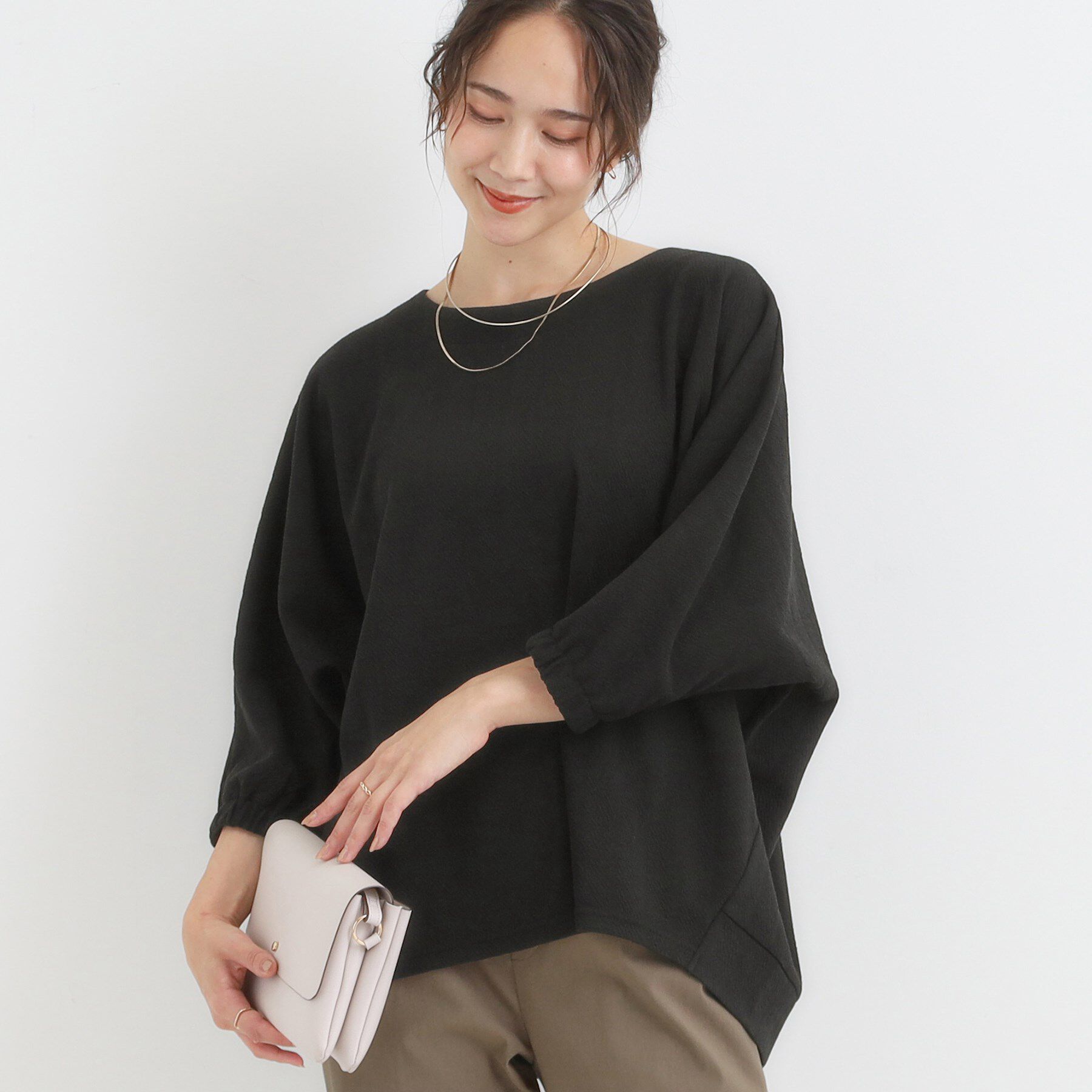 SHOO･LA･RUE「【S-LL/7分袖】さらっとしたタッチ ゆるシルエットが心地よいドルマントップス」|Tシャツ・カットソー|ブラック(019)