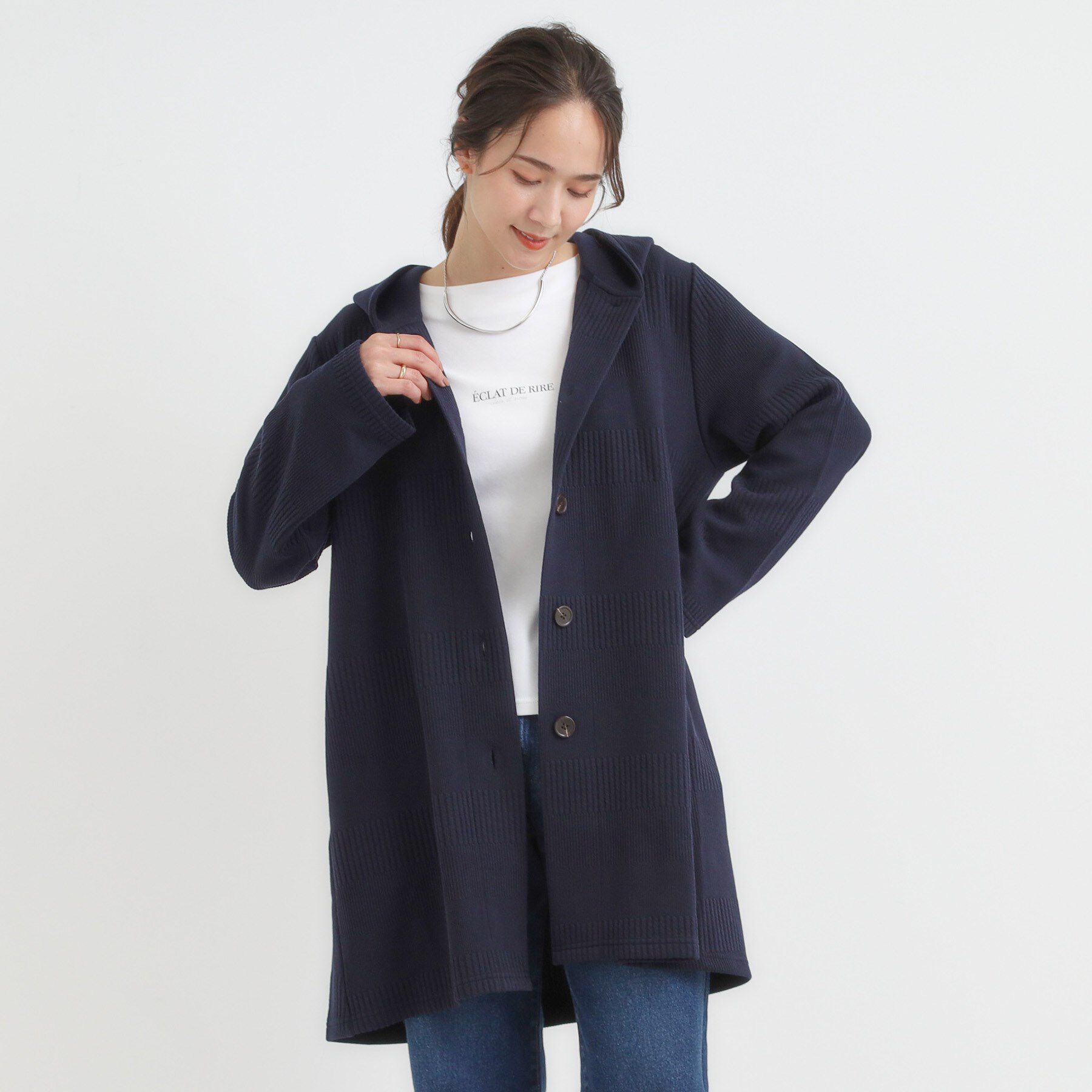 SHOO･LA･RUE「【高レビュー/春まで着られる】体型をカバーしながらスマートに魅せる ラインジャカードコーディガン」|カーディガン|