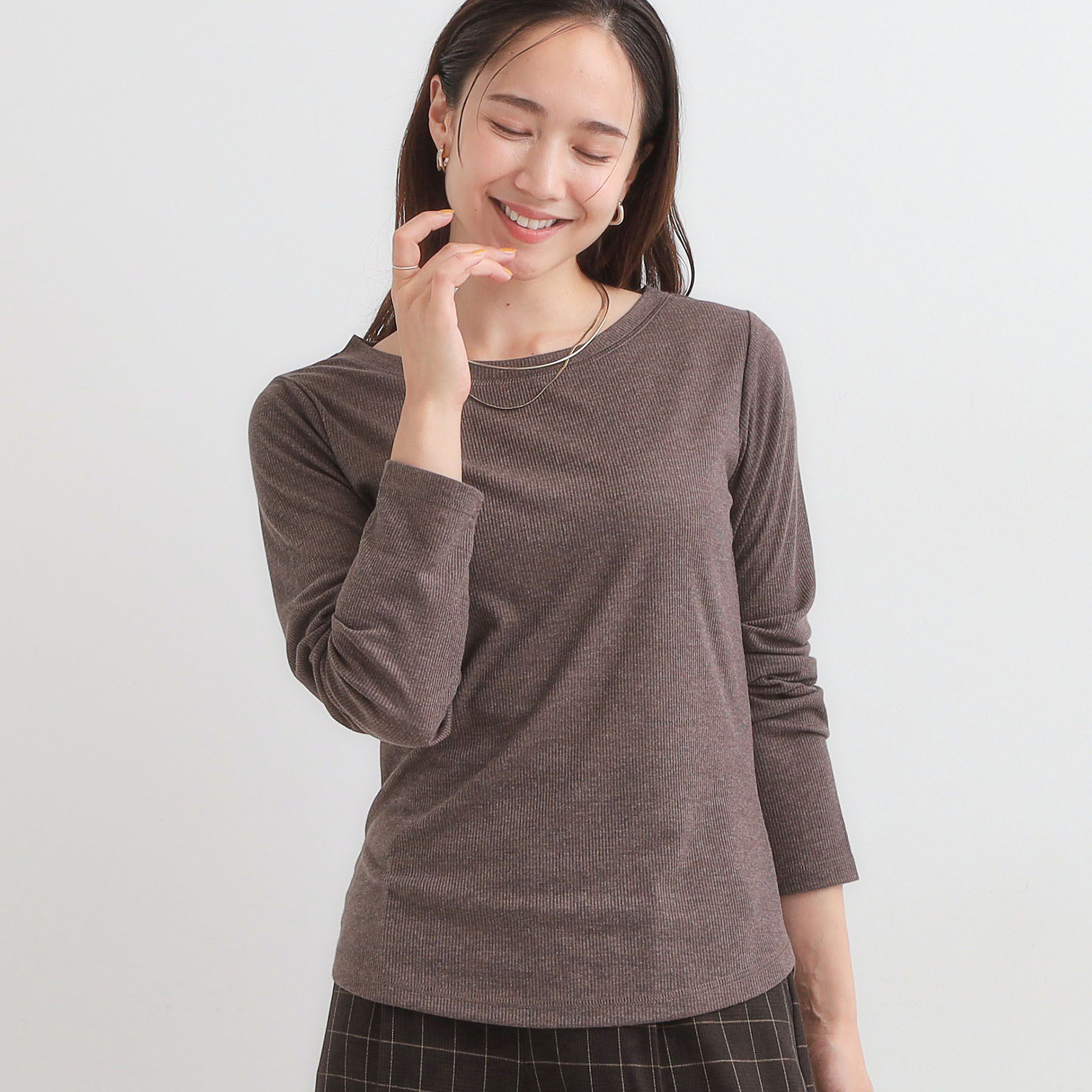 SHOO･LA･RUE「【洗濯機可/S-LL】毎日コーデに シアーテレコロンT」|Tシャツ・カットソー|ブラウン(043)