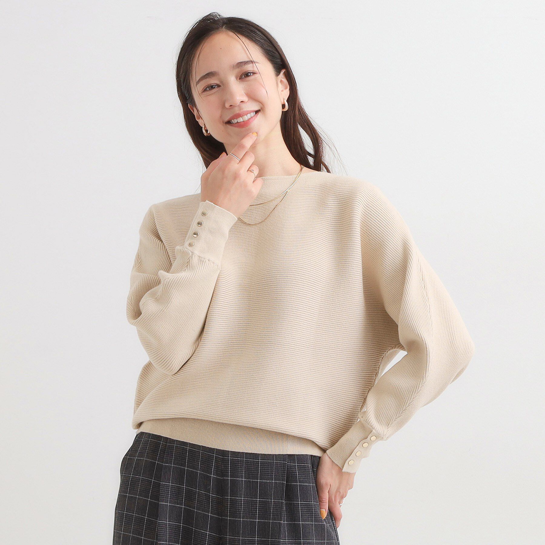 SHOO･LA･RUE「【洗濯機可/体型カバー】お袖ボタン リブドルマンニット」|ニット・セーター|