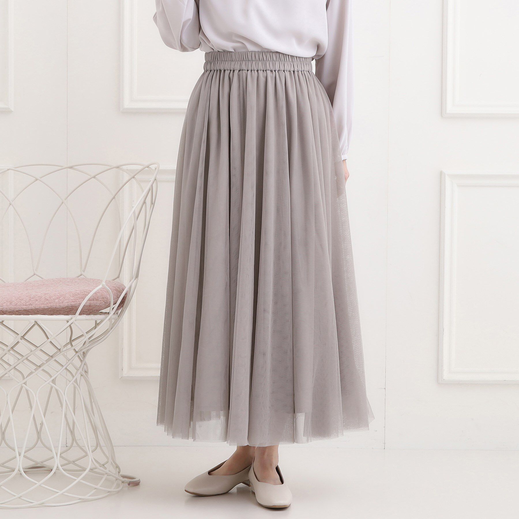 SHOO･LA･RUE「【洗濯機可】滑らか軽やか シーン問わず着られるチュールギャザースカート」|スカート|ライトベージュ(05