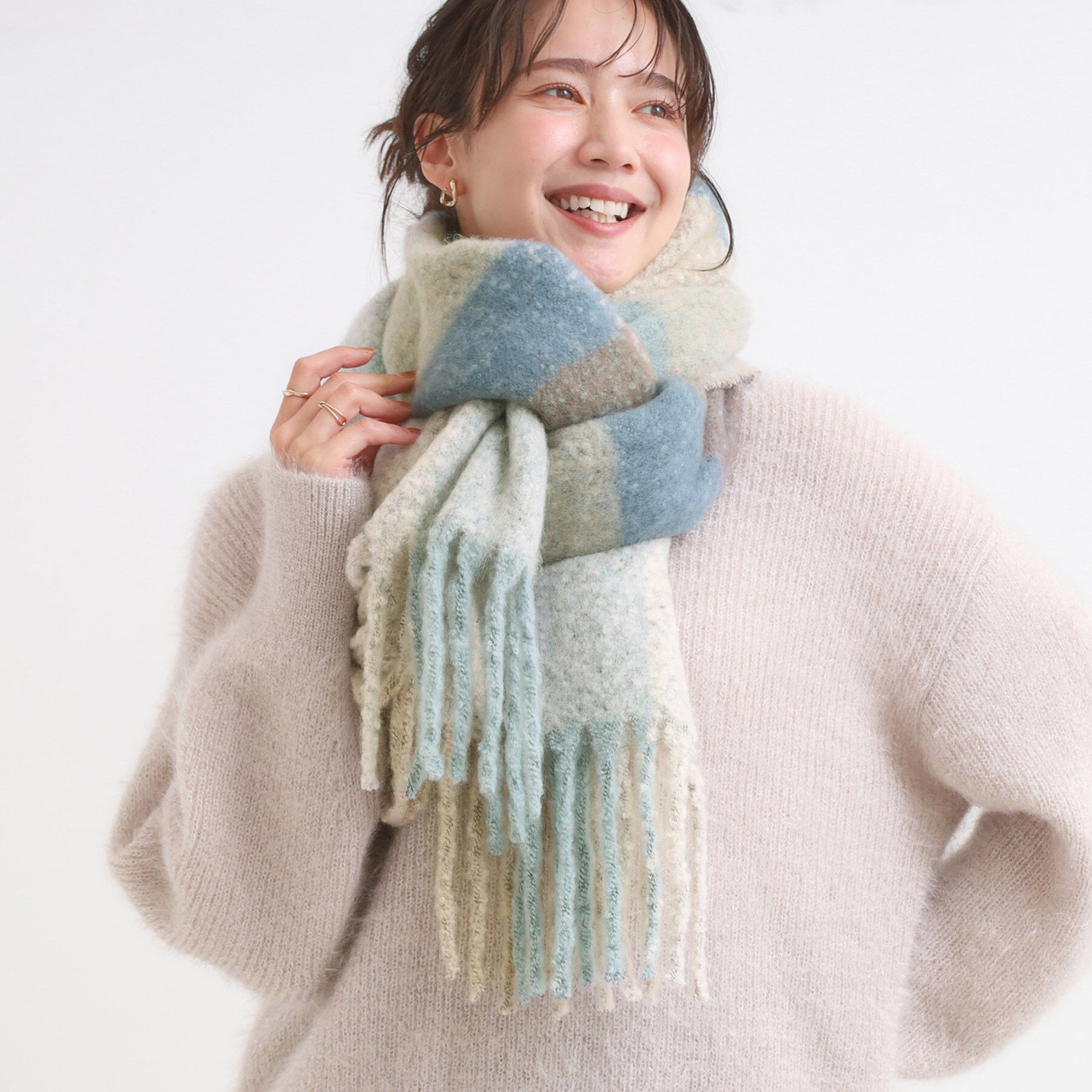 SHOO･LA･RUE「太フリンジブロックチェックストール」|ストール|