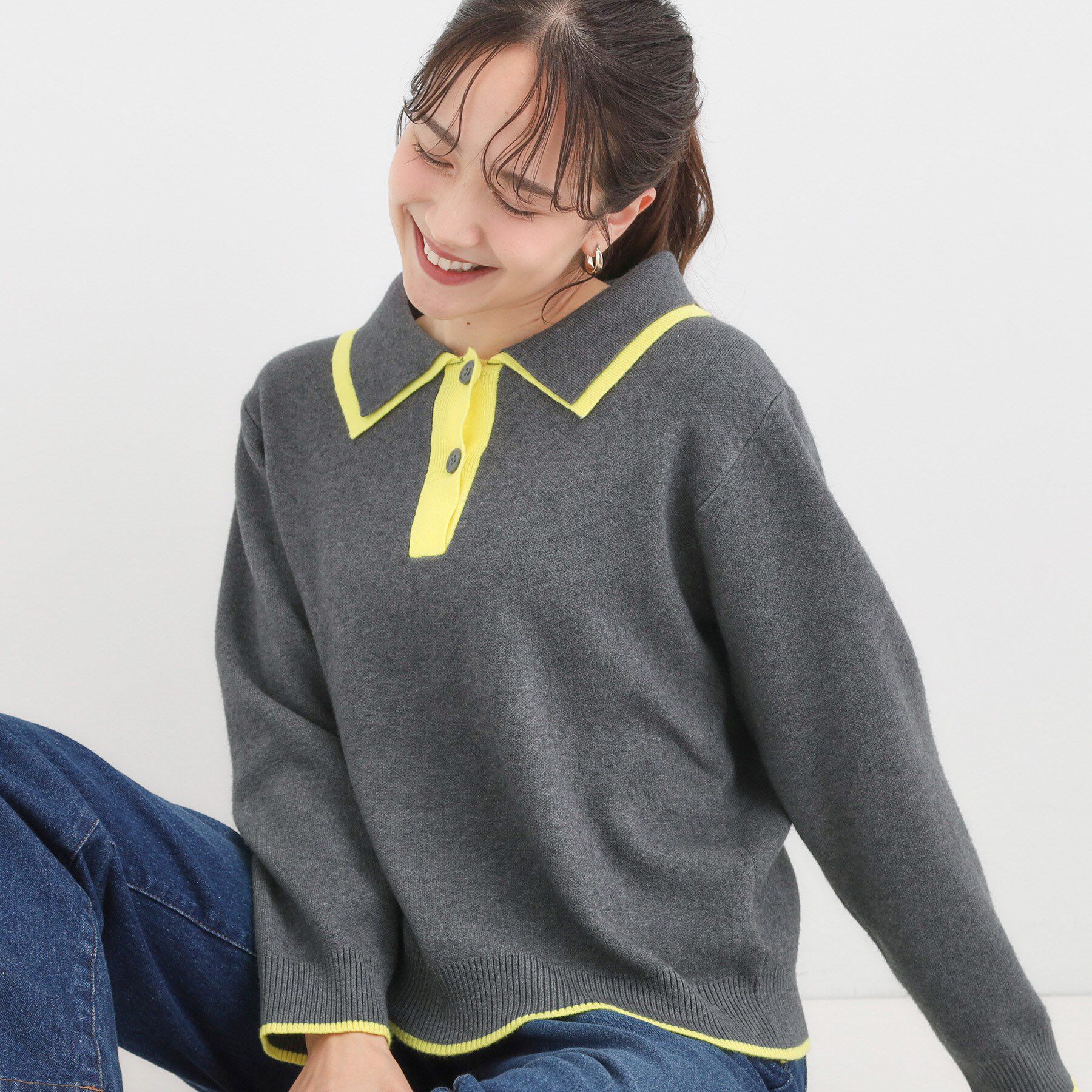 SHOO･LA･RUE「【S-LL】配色がポイントの2枚襟ポロニット」|ニット・セーター|グレー(012)