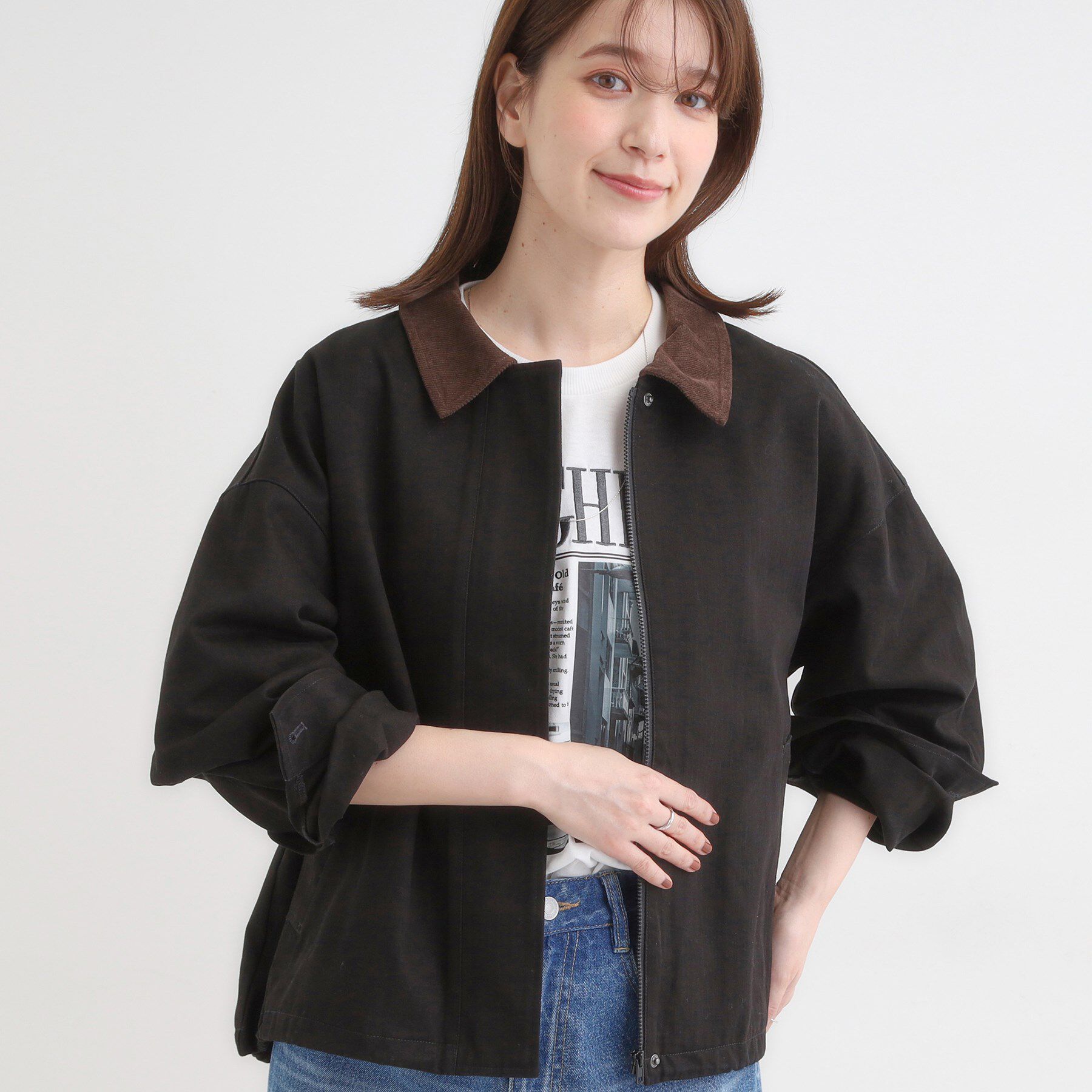 SHOO･LA･RUE「配色衿 ヘリンボーンカバーオール」|ブルゾン・スタジャン|ブラック(519)