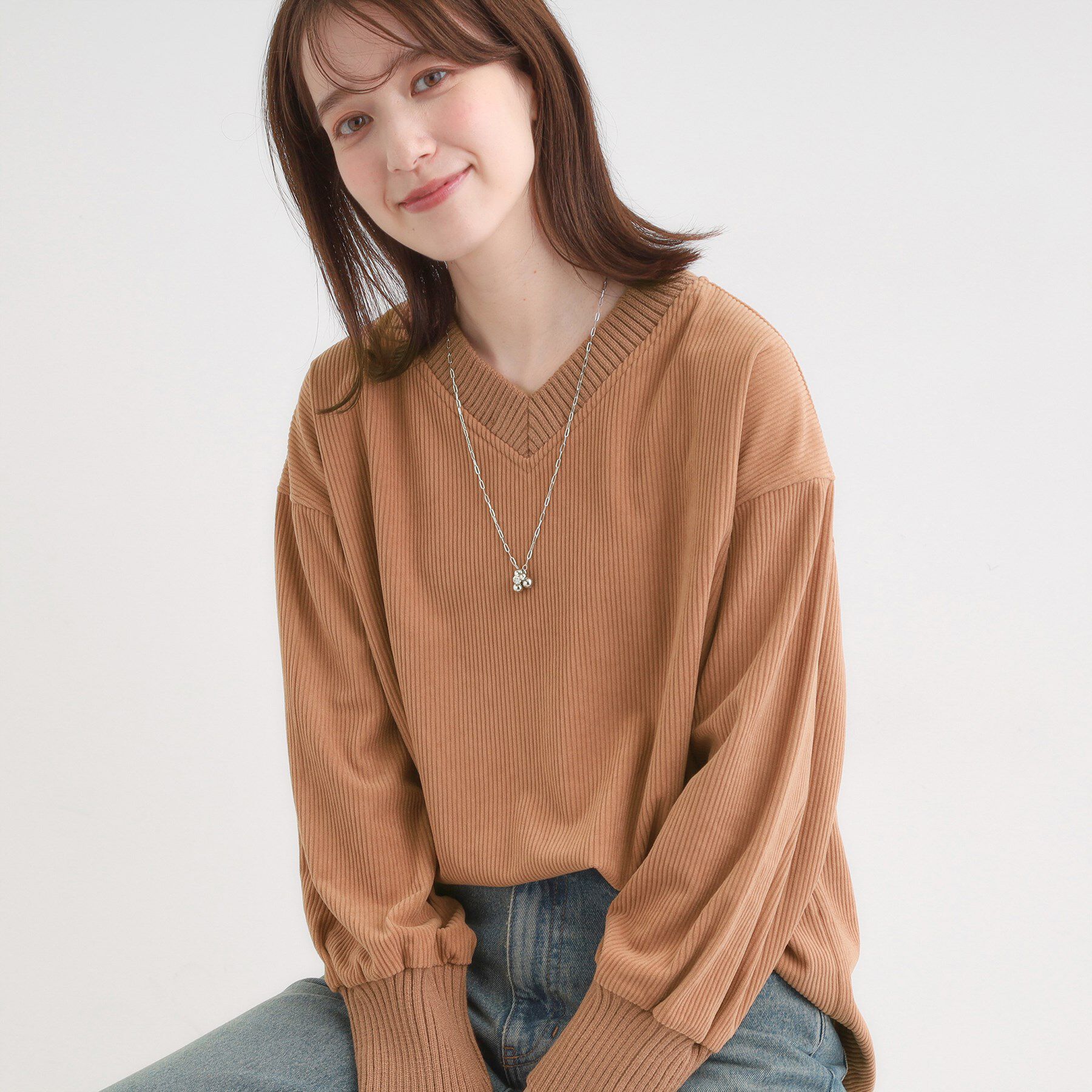 SHOO･LA･RUE「ニットリブコーデュロイトップス」|Tシャツ・カットソー|ピンクベージュ(05