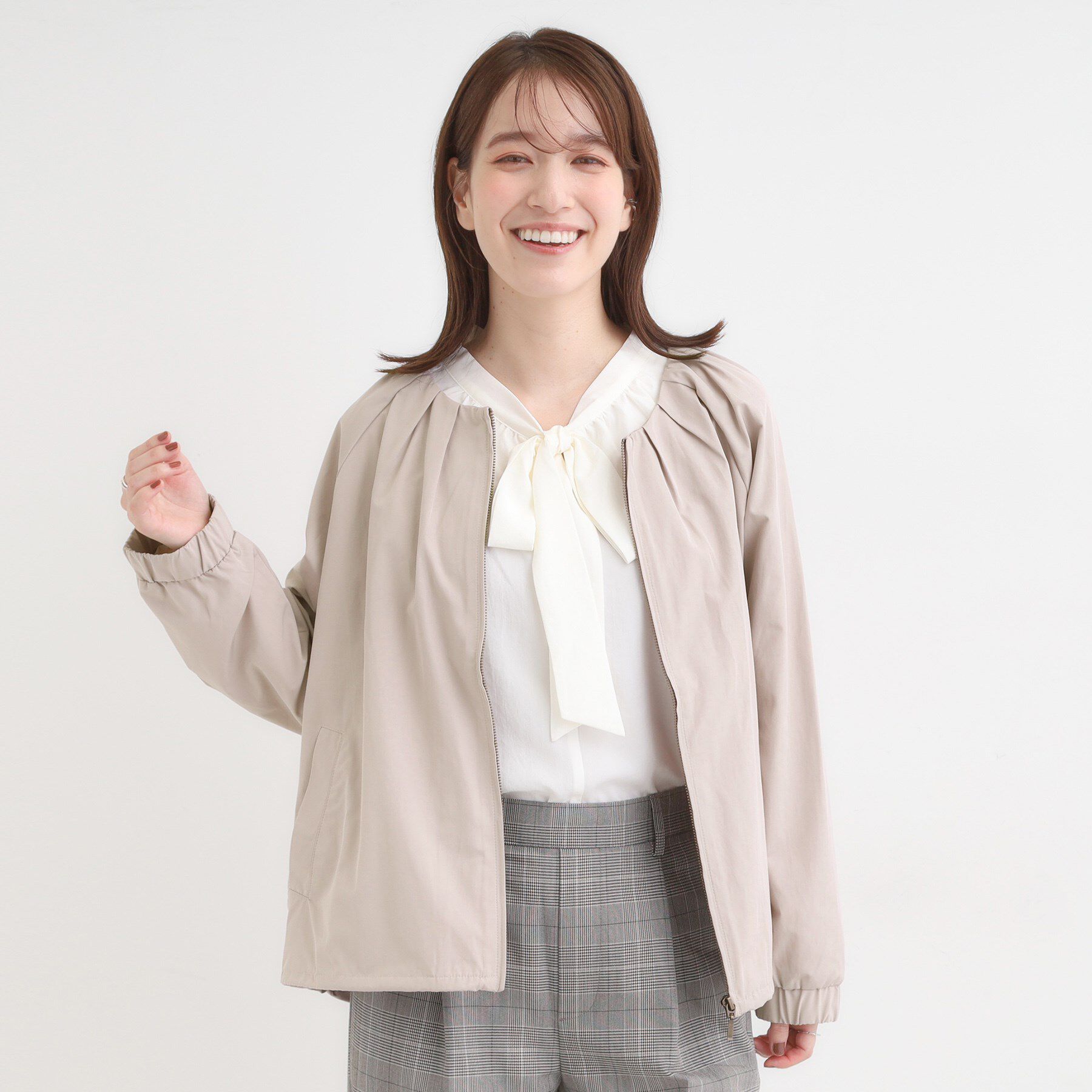 SHOO･LA･RUE「【S-LL】タック使いがこなれ見え ノーカラーブルゾン」|ブルゾン・スタジャン|