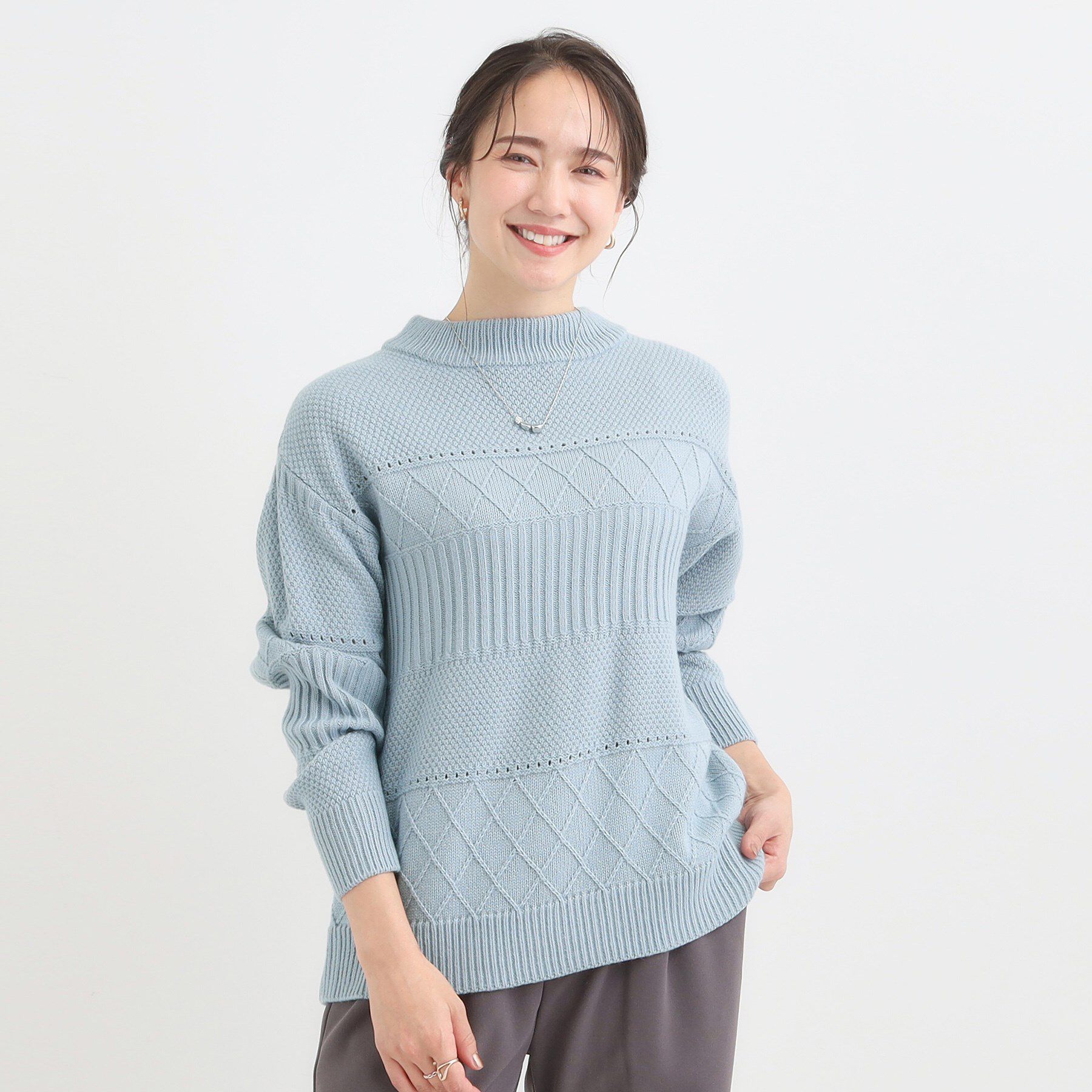 SHOO･LA･RUE「【洗濯機可/毛玉レス/S-LL】1枚でサマ見え ミックスケーブル柄ニット」|ニット・セーター|