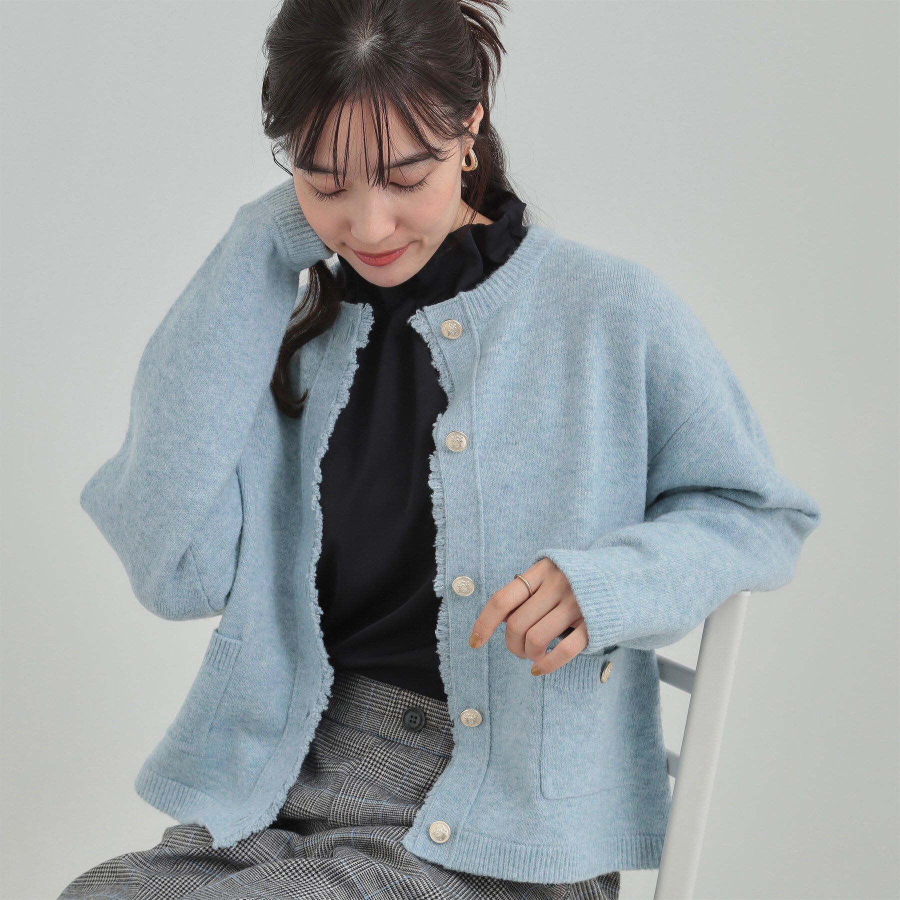 SHOO･LA･RUE「【洗濯機可/S-LL】きちんと感が魅力 ジャケットライクカーディガン」|カーディガン|サックスブルー(09