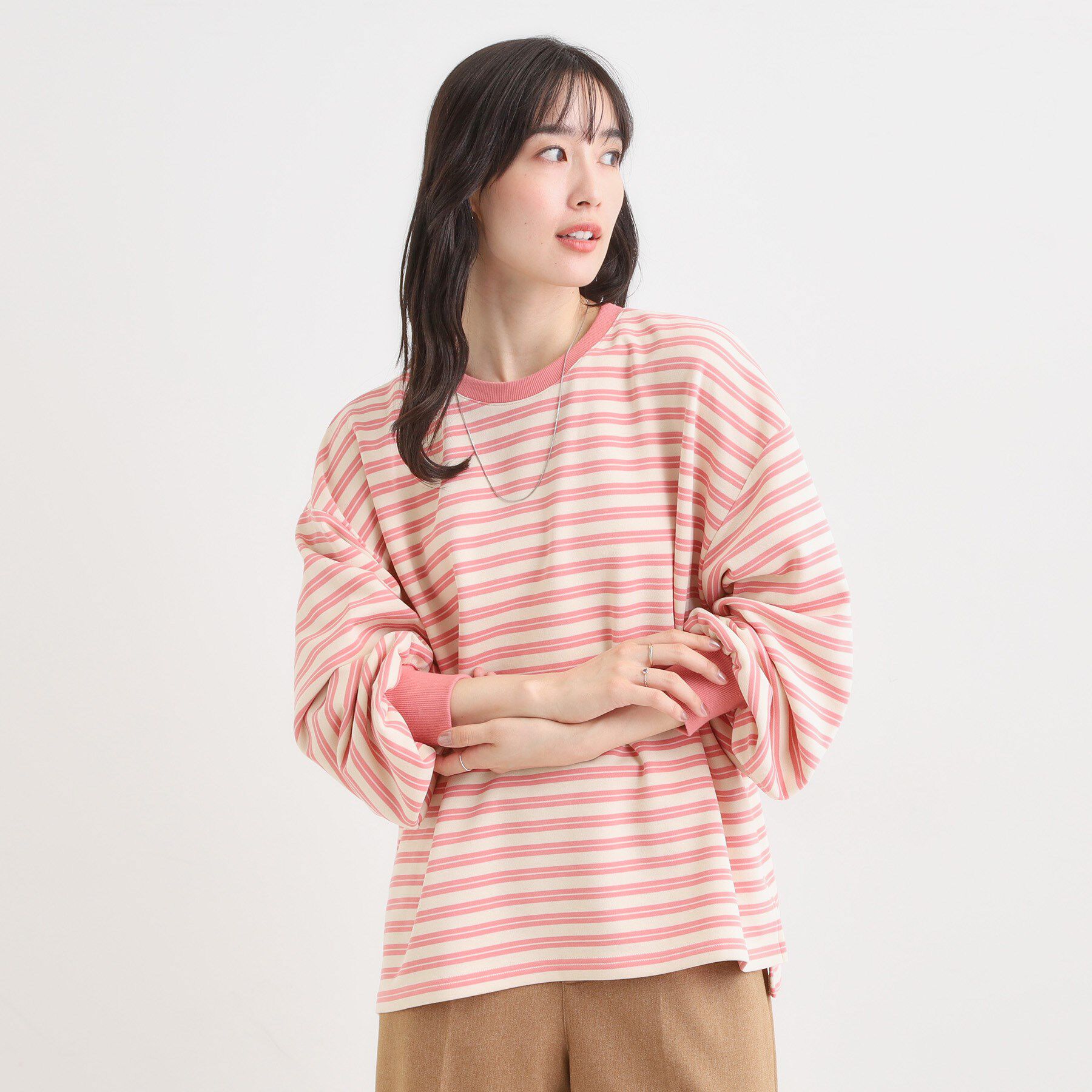 SHOO･LA･RUE「【S-LL/洗濯機可】マルチボーダー ミニ裏毛トップス」|Tシャツ・カットソー|