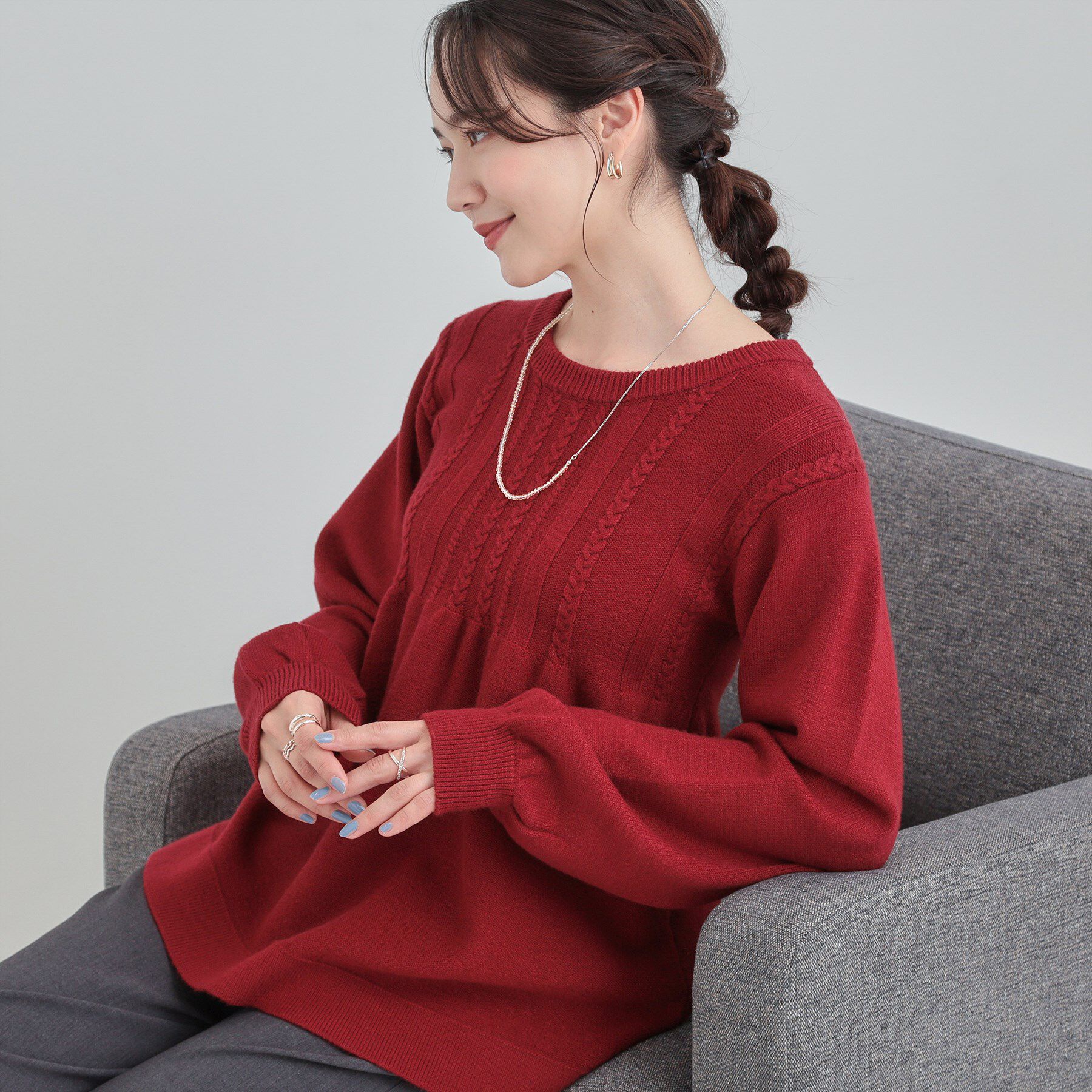 SHOO･LA･RUE「気になるお腹周りをカバー ケーブル編みペプラムニット」|ニット・セーター|レッド(063)