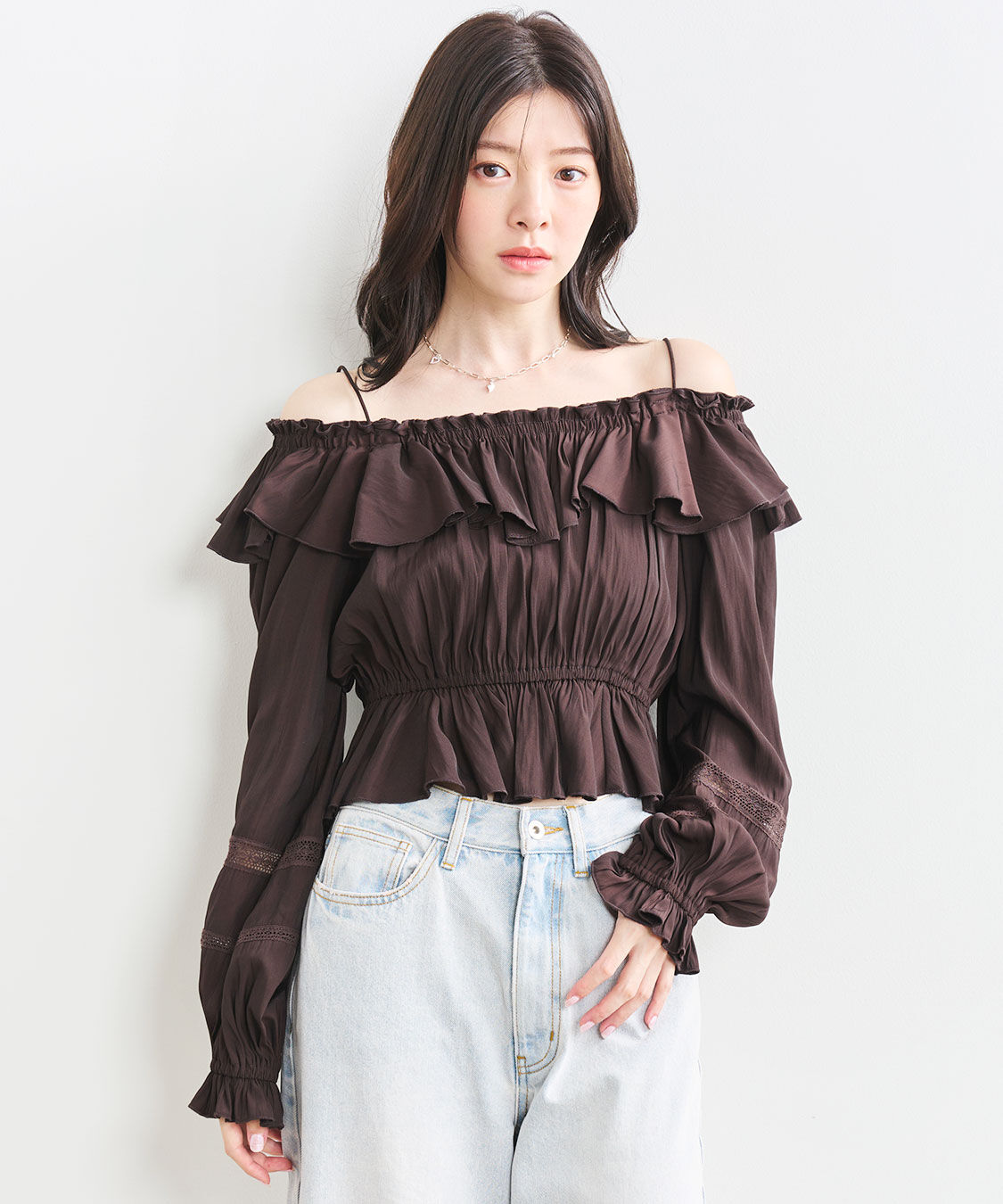 COCO DEAL「オフショルフリルサテンブラウス」|シャツ・ブラウス|