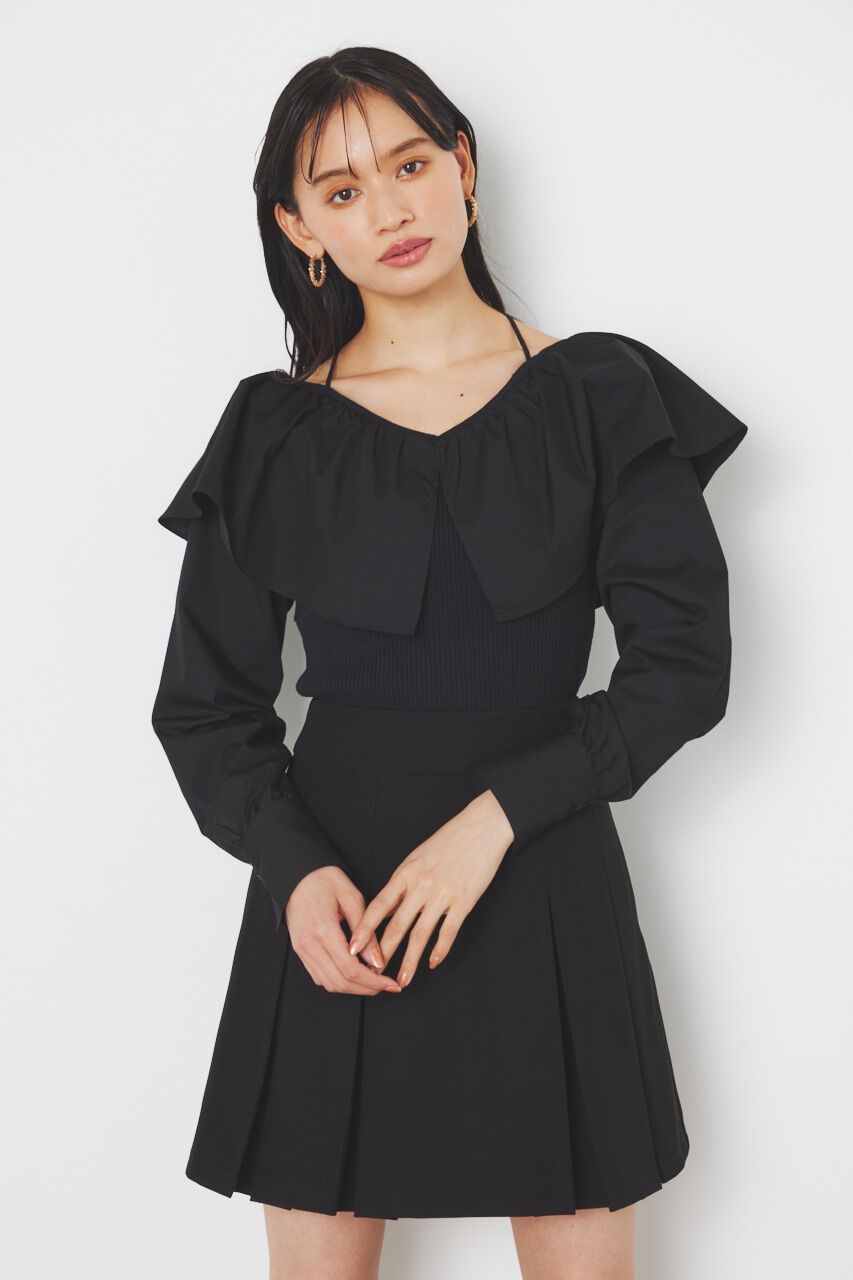 rienda「フリルネック布帛コンビKnit TOP」|ニット・セーター|BLK