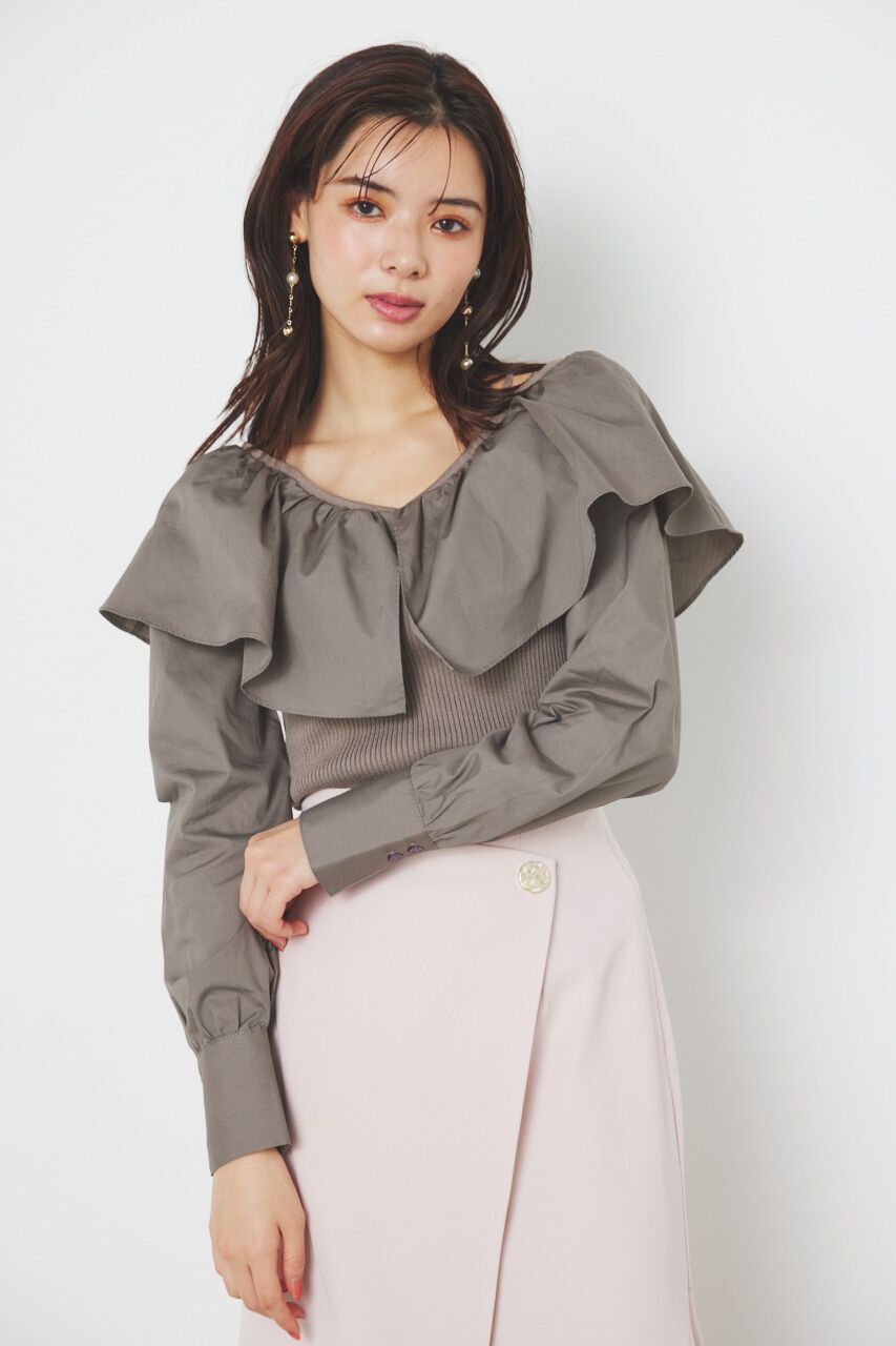 rienda「フリルネック布帛コンビKnit TOP」|ニット・セーター|BEG