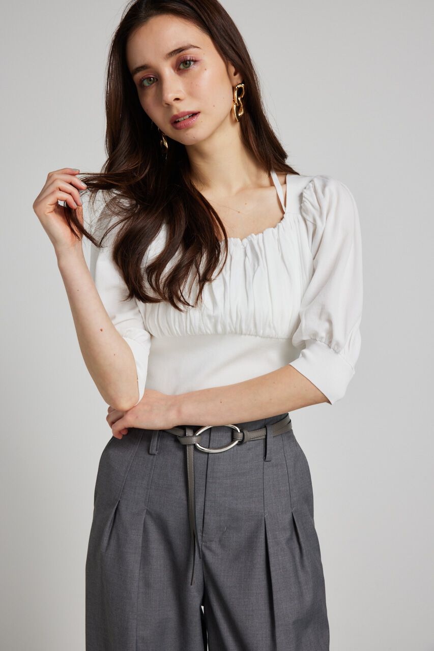 rienda「バストギャザークロップハーフSLV Knit TOP」|ニット・セーター|WHT