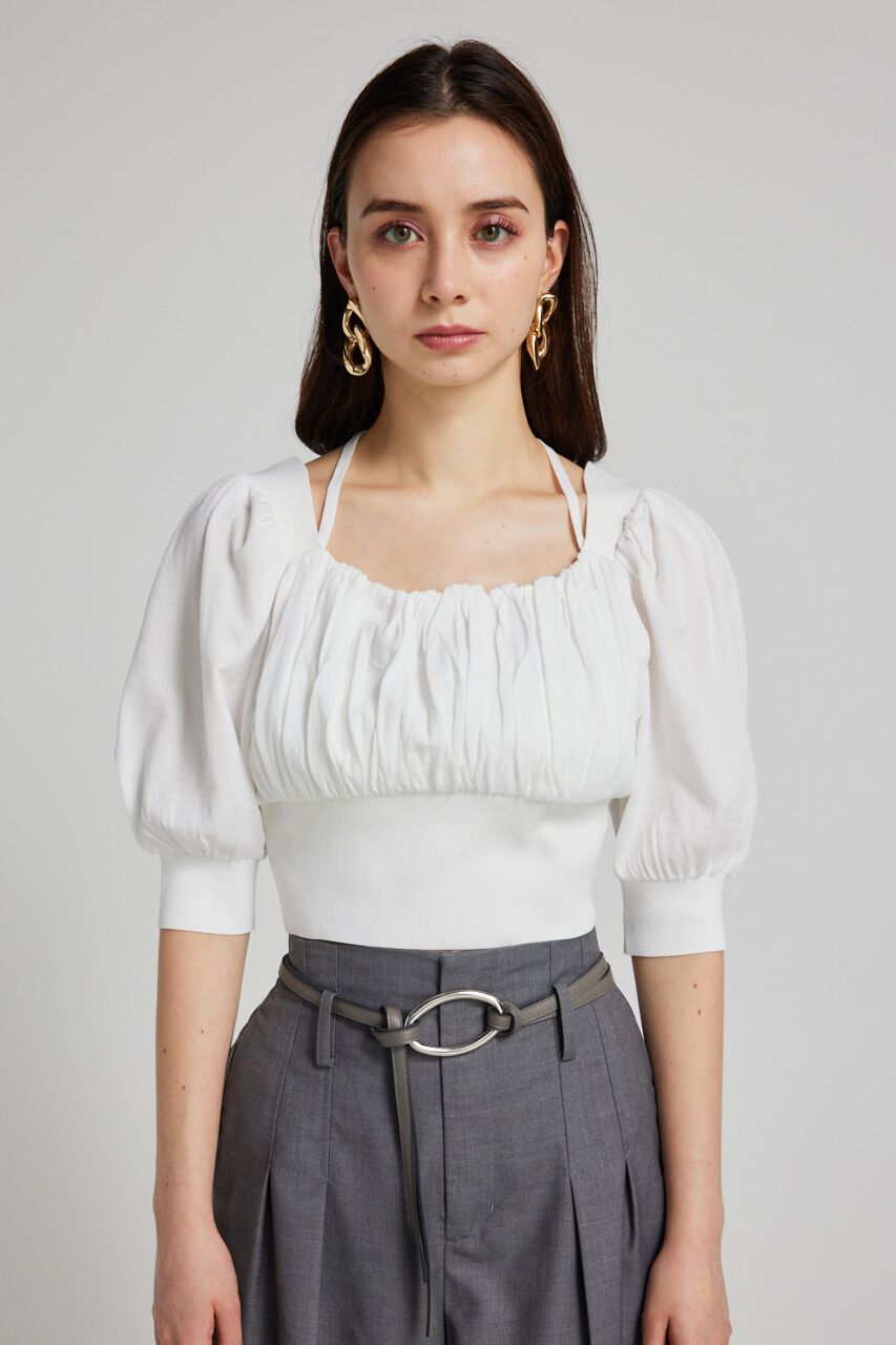 rienda「バストギャザークロップハーフSLV Knit TOP」|ニット・セーター|