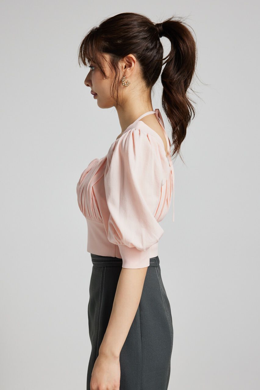 rienda「バストギャザークロップハーフSLV Knit TOP」|ニット・セーター|