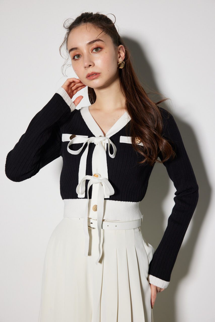 rienda「配色リボンニットカーデ」|ニット・セーター|BLK