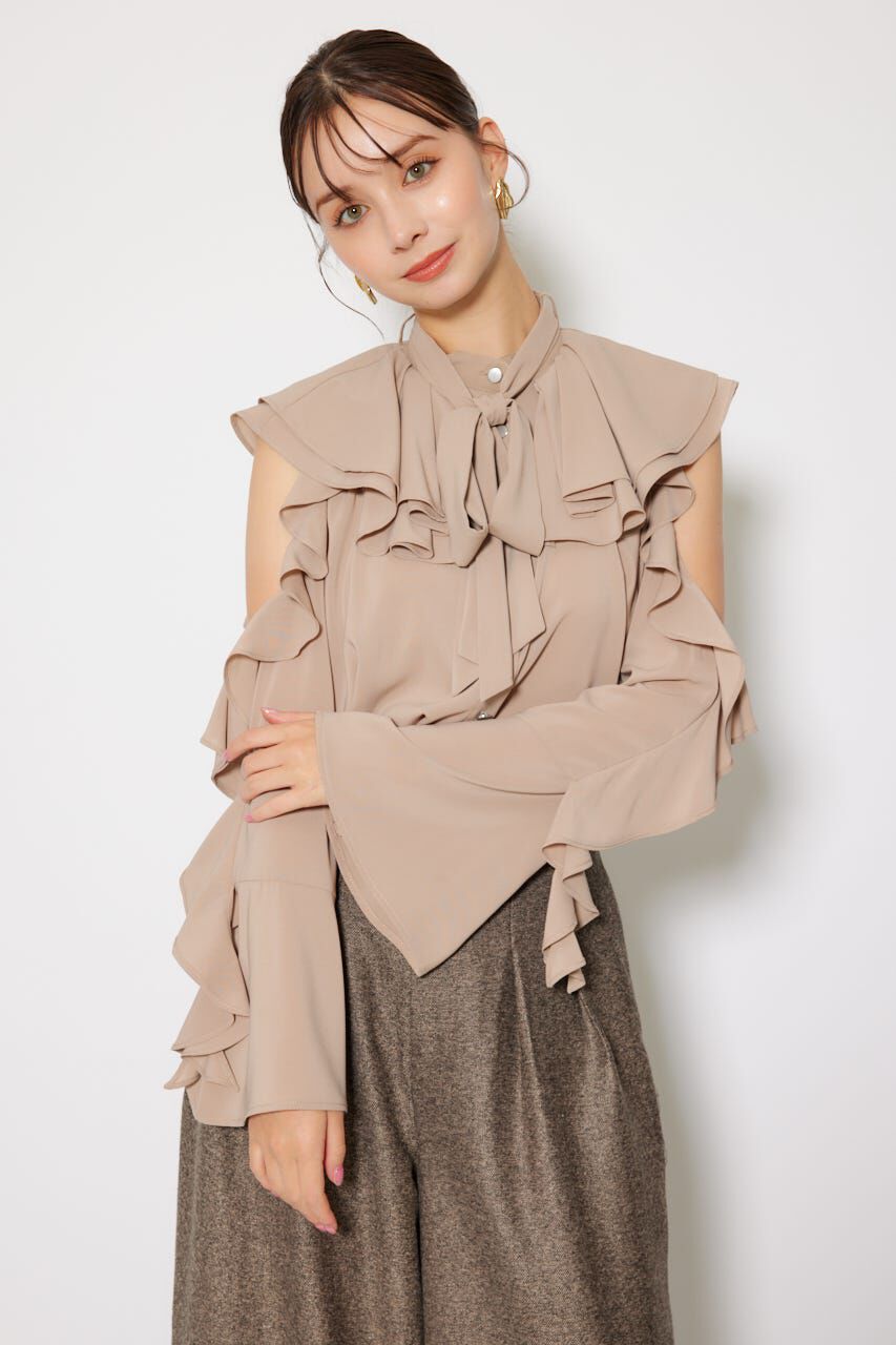 rienda「フリルスリーブビッグカラーリボンブラウス」|シャツ・ブラウス|