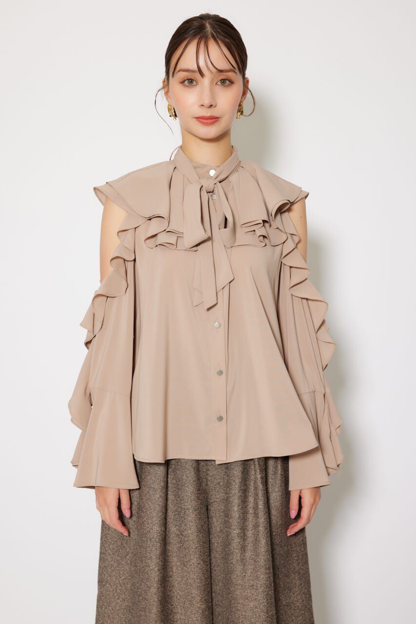 rienda「フリルスリーブビッグカラーリボンブラウス」|シャツ・ブラウス|