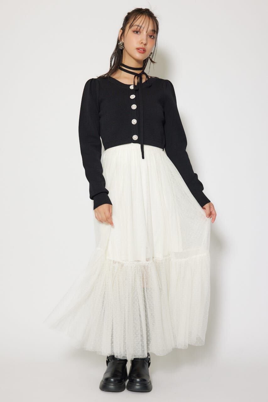 rienda「ニットカーディガンセットドットチュールフレアワンピース」|ワンピース|BLK
