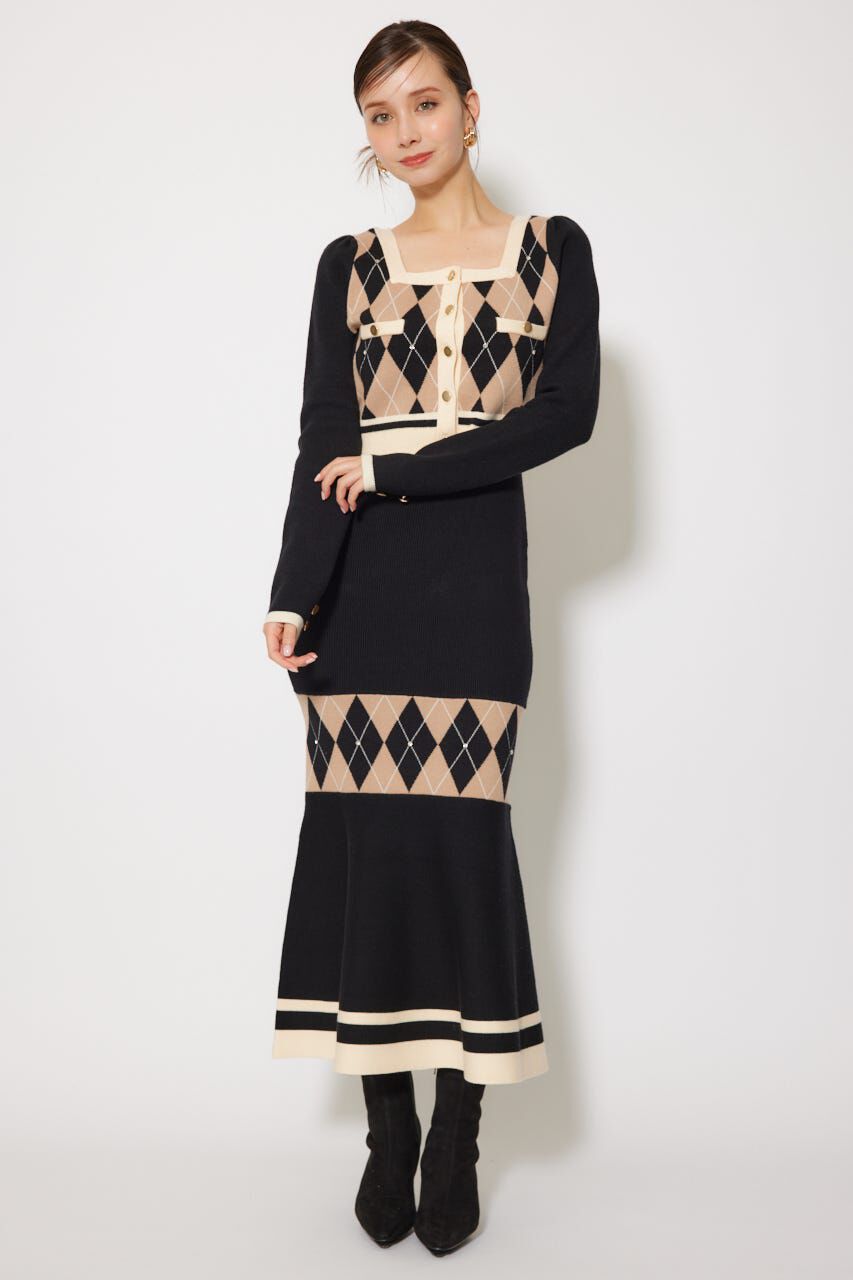 rienda「アーガイルバイカラーカーディガンセットニットワンピース」|ワンピース|