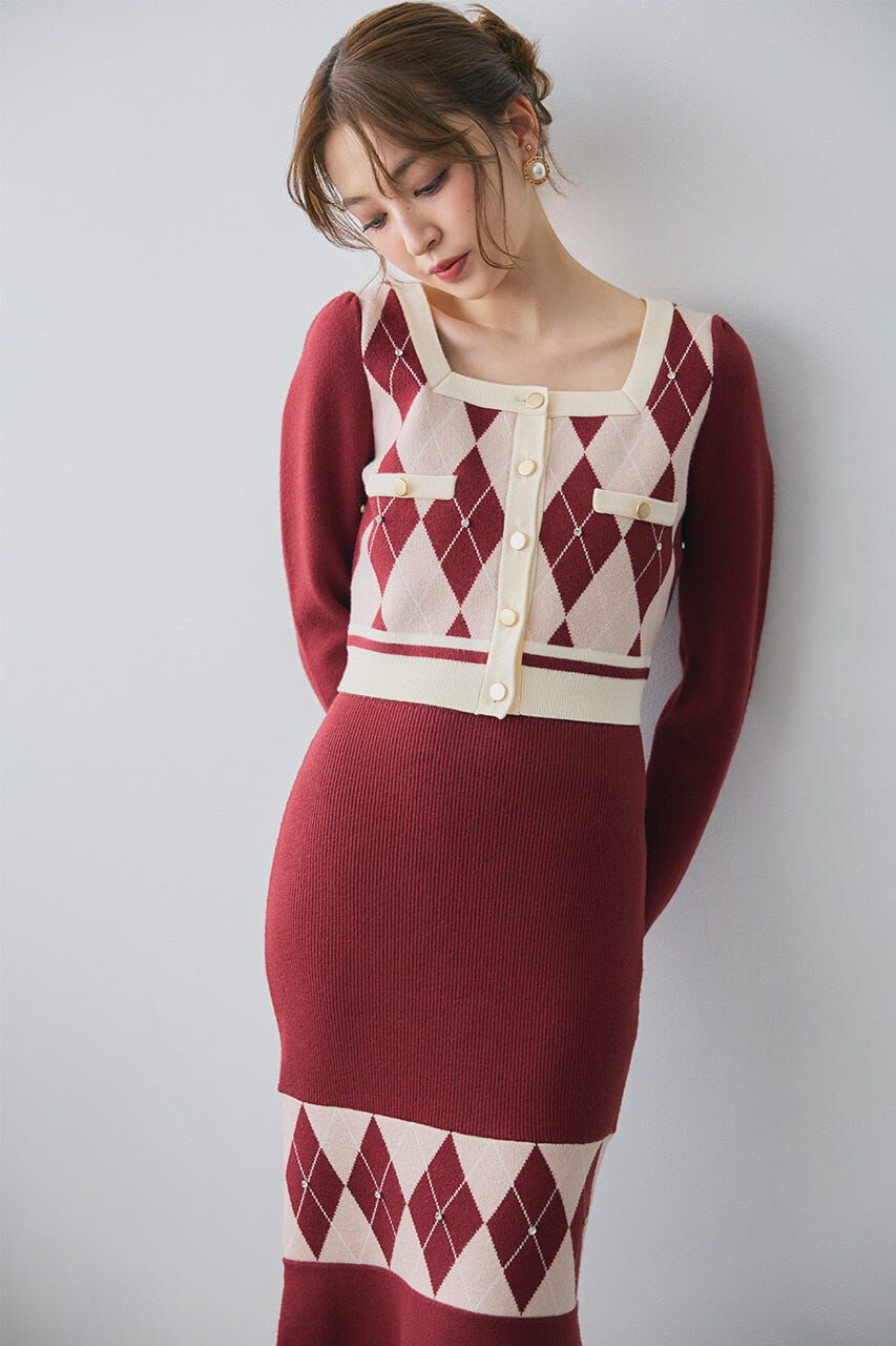 rienda「アーガイルバイカラーカーディガンセットニットワンピース」|ワンピース|