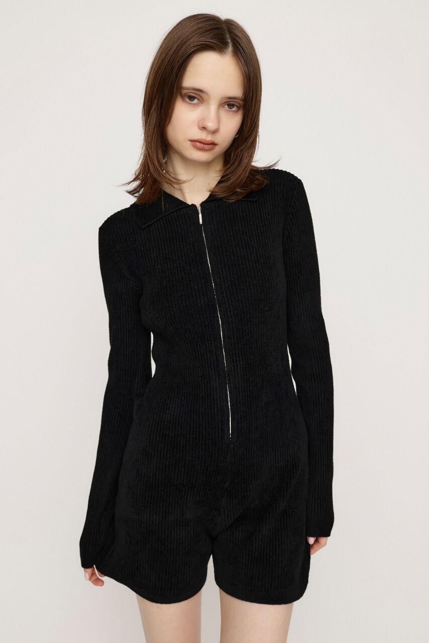 SLY「FRONT ZIP MOLE YARN ロンパース」|その他|BLK