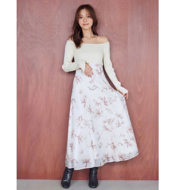 MERCURYDUO「花柄オフショルニットドッキングワンピース」|ワンピース|