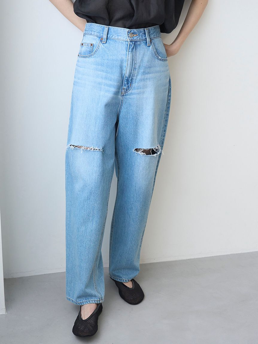 Mila Owen「【WEB限定00サイズ】ワイドテーパードカットアウトデニムパンツ」|デニム|