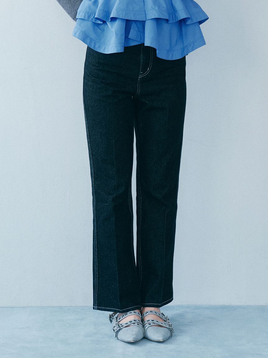 FURFUR「リボンステッチセミフレアデニムパンツ」|デニム|BLK