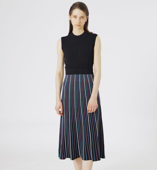  「【ストレッチ】バイカラープリーツライクニットワンピース」|ワンピース|ブラック