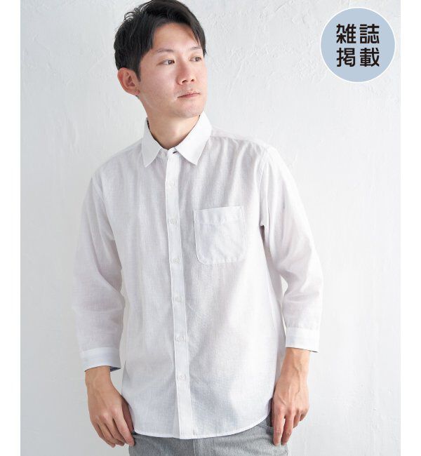 ikka「【雑誌MonoMax5月号掲載】【吸水速乾】7分袖イージーケアリネン無地シャツ」|シャツ・ブラウス|ホワイト