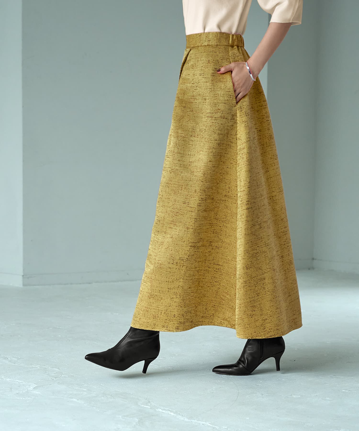 STYLE DELI「【LUXE】微光沢ジャガードマキシ丈タックスカート／90cm」|スカート|